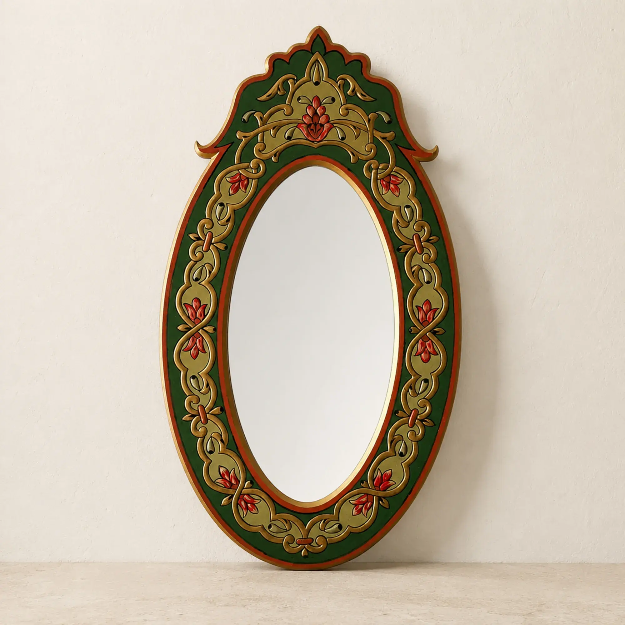 Oval Crested Arabesque Wall Mirror in Green – 80x45 cm