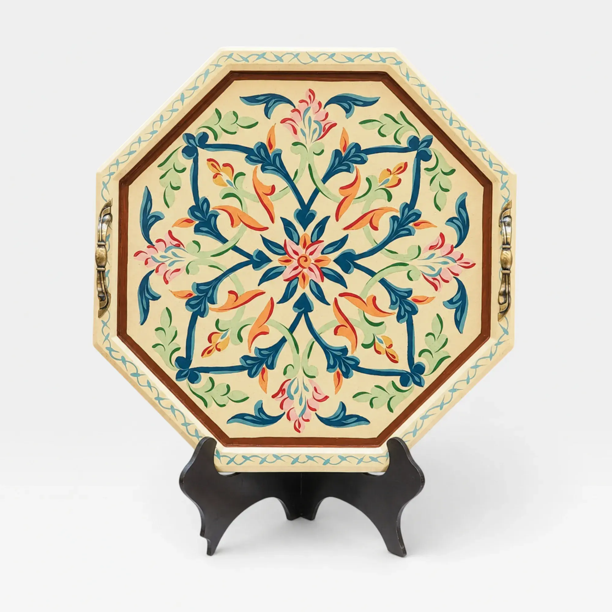 Cream Octagonal Floral Arabesque Serving Tray – 35x35 cm