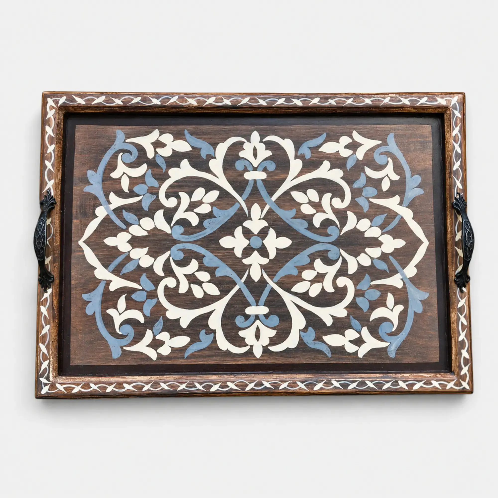 Dark Wood Arabesque Serving Tray in Ivory & Blue – 28x40 cm
