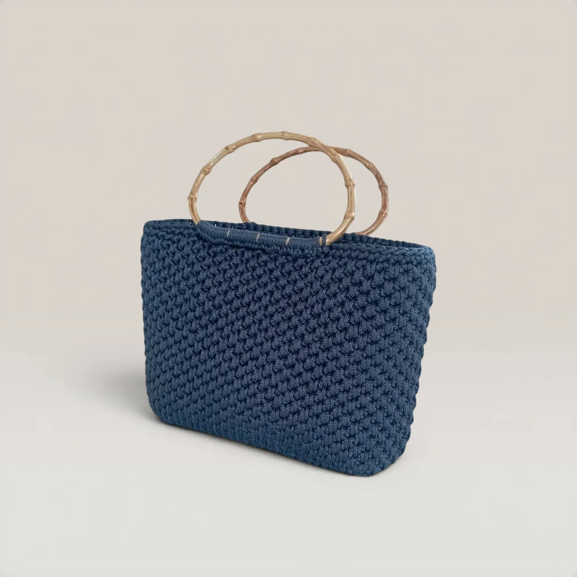 Large Navy Crochet Basket Bag with Bone Handle - Turkish Yarn