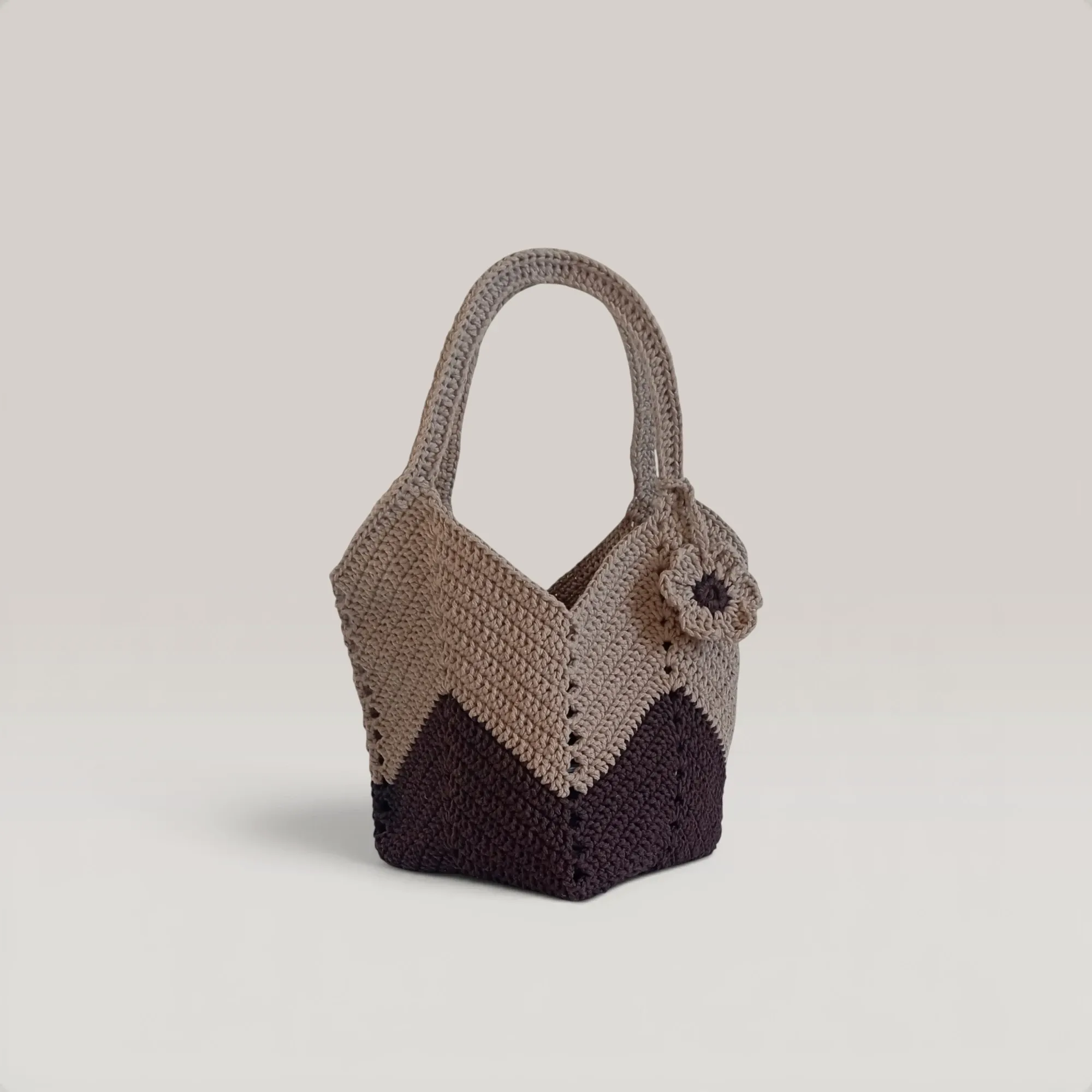 Large Beige & Brown Crochet Basket Bag with Decorative Flower