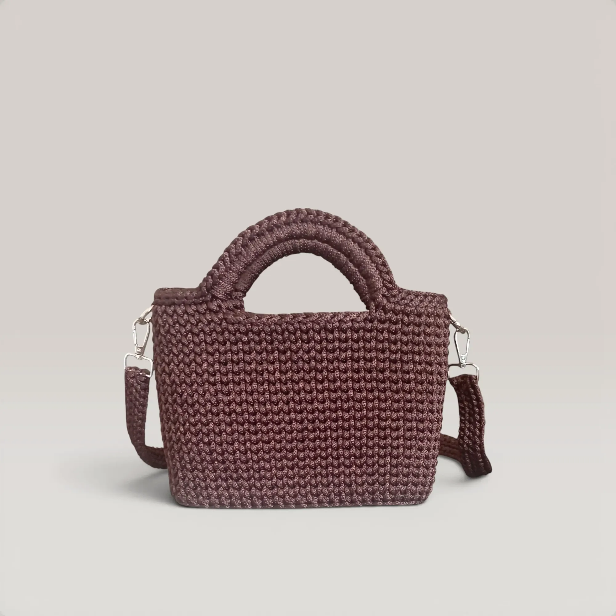 Brown Crochet Bag with Magnetic Lock - 22x20x7 cm Turkish Yarn