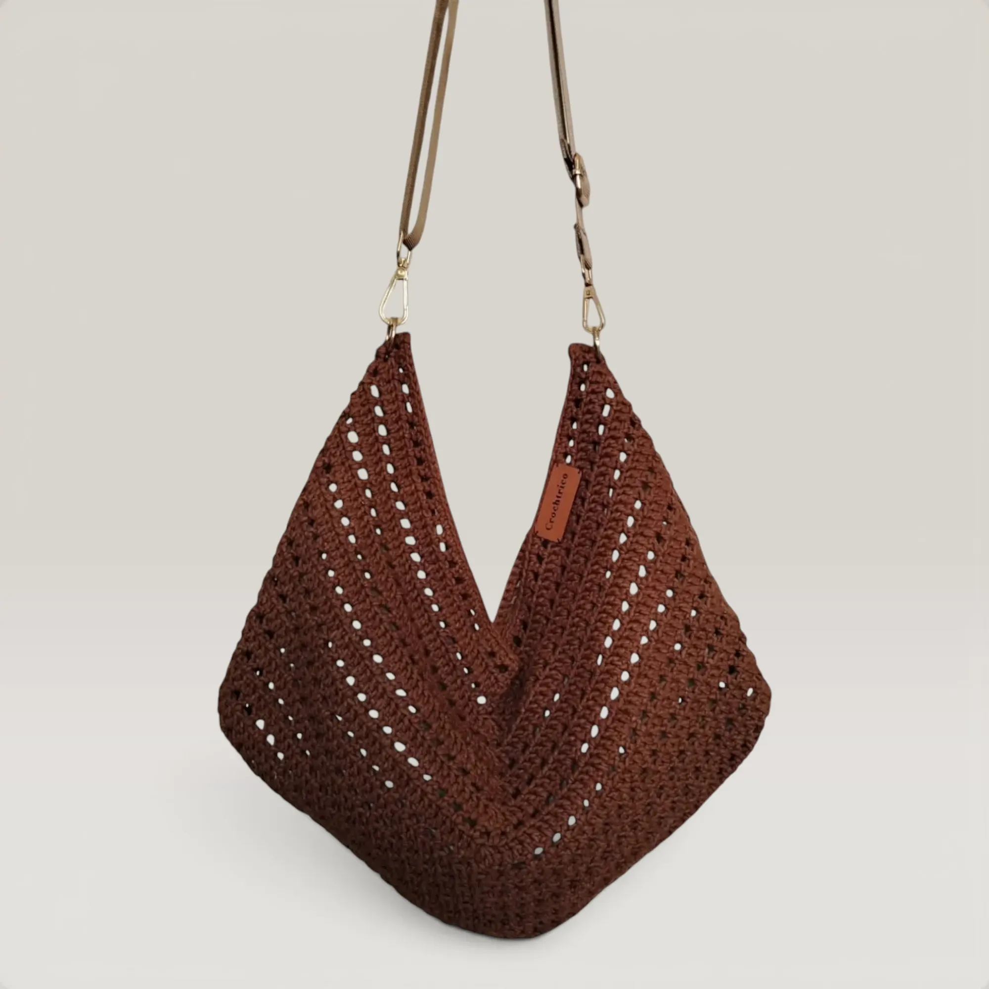 Wide Brown Crochet Bag with Inner Lining & Zipper - 55% Cotton