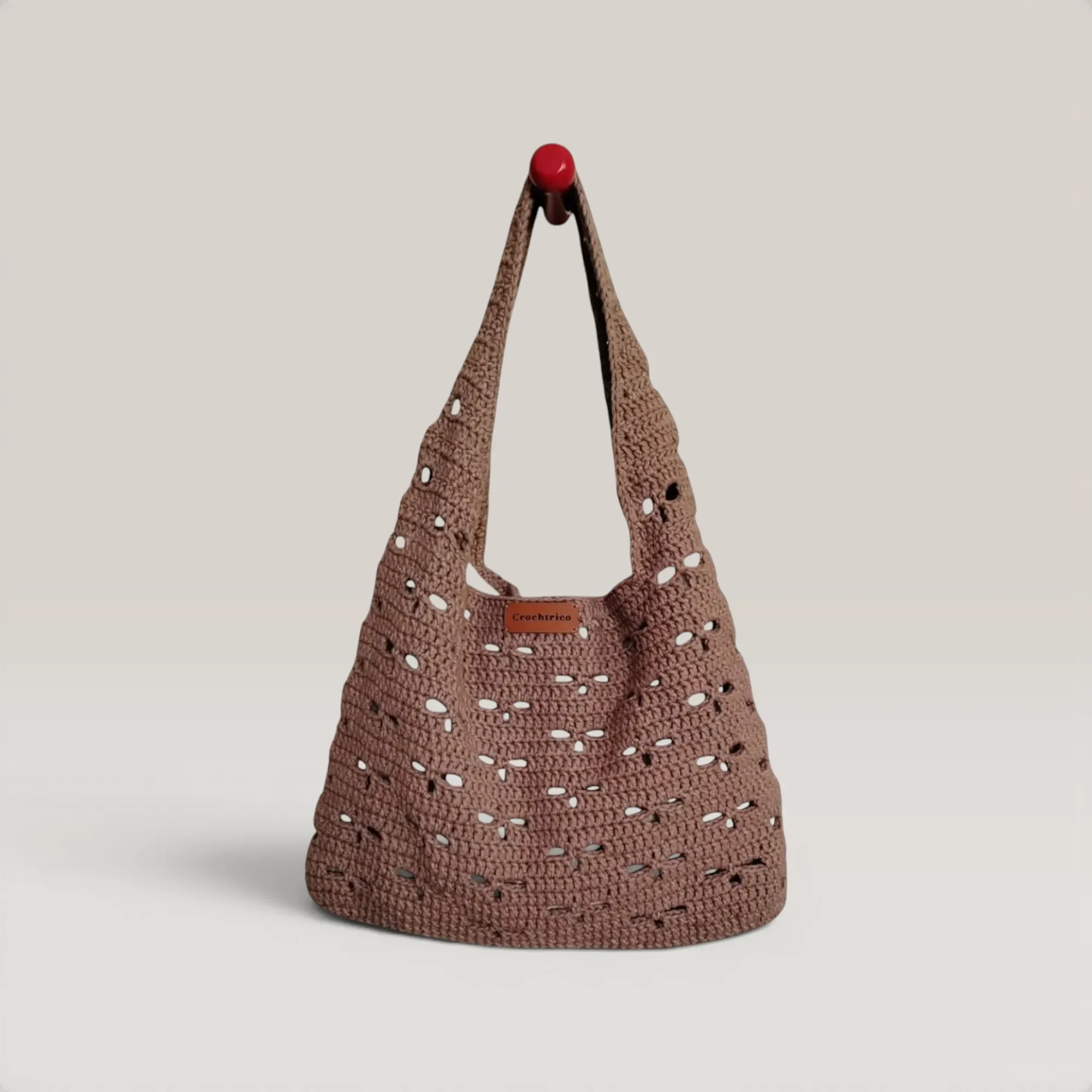 Light Brown Crochet Bag with Lining & Magnetic Lock - 27x35 cm