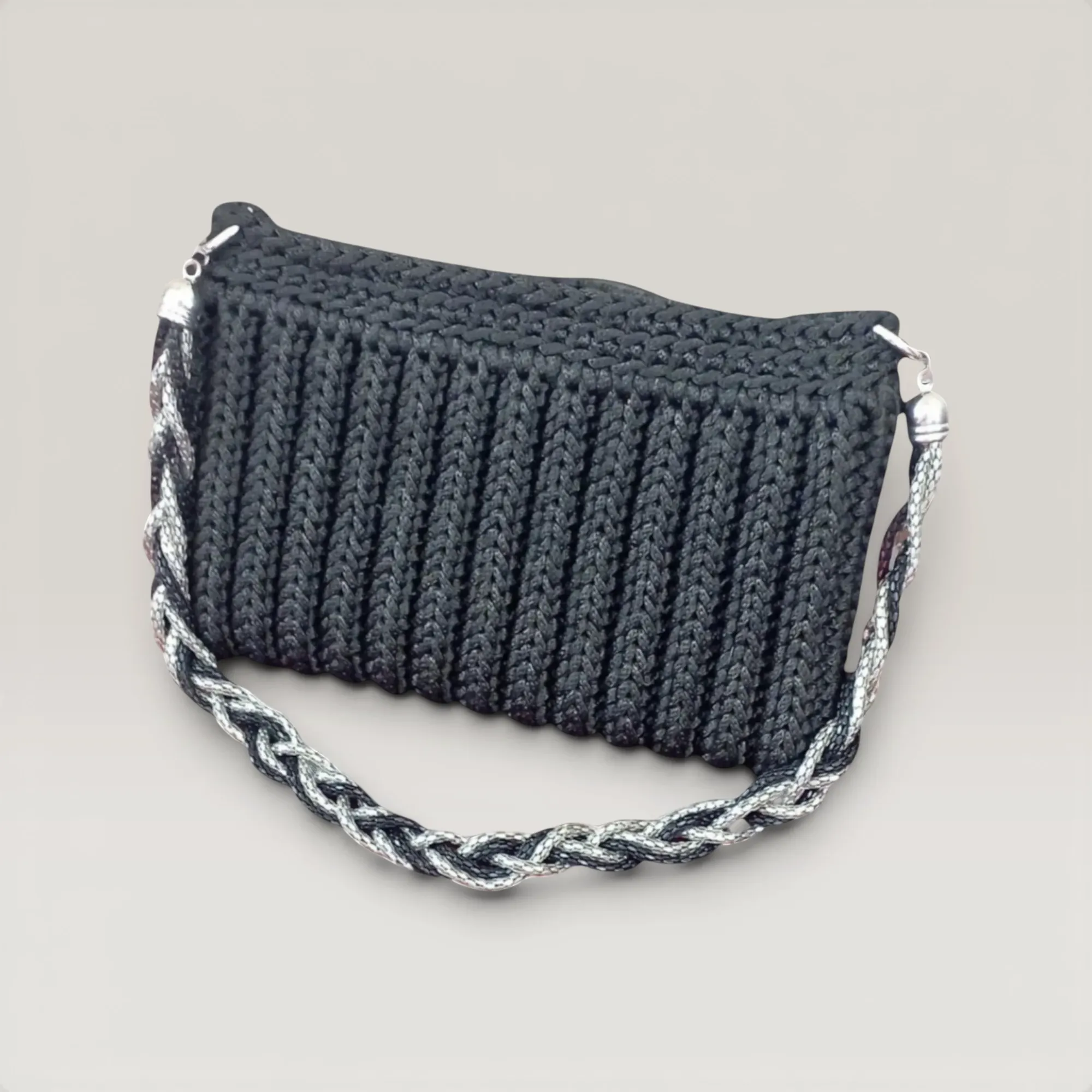 Black Crochet Evening Clutch Bag with Inner Lining - 23x14 cm