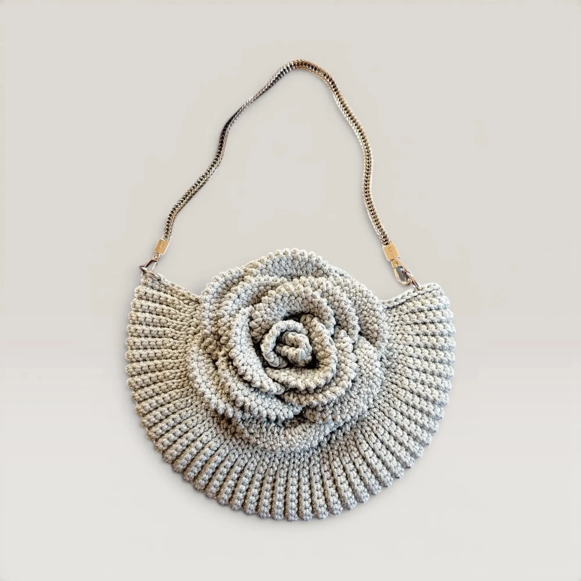 Silver Metallic Crochet Evening Bag with Chain Strap - 24 cm Diameter