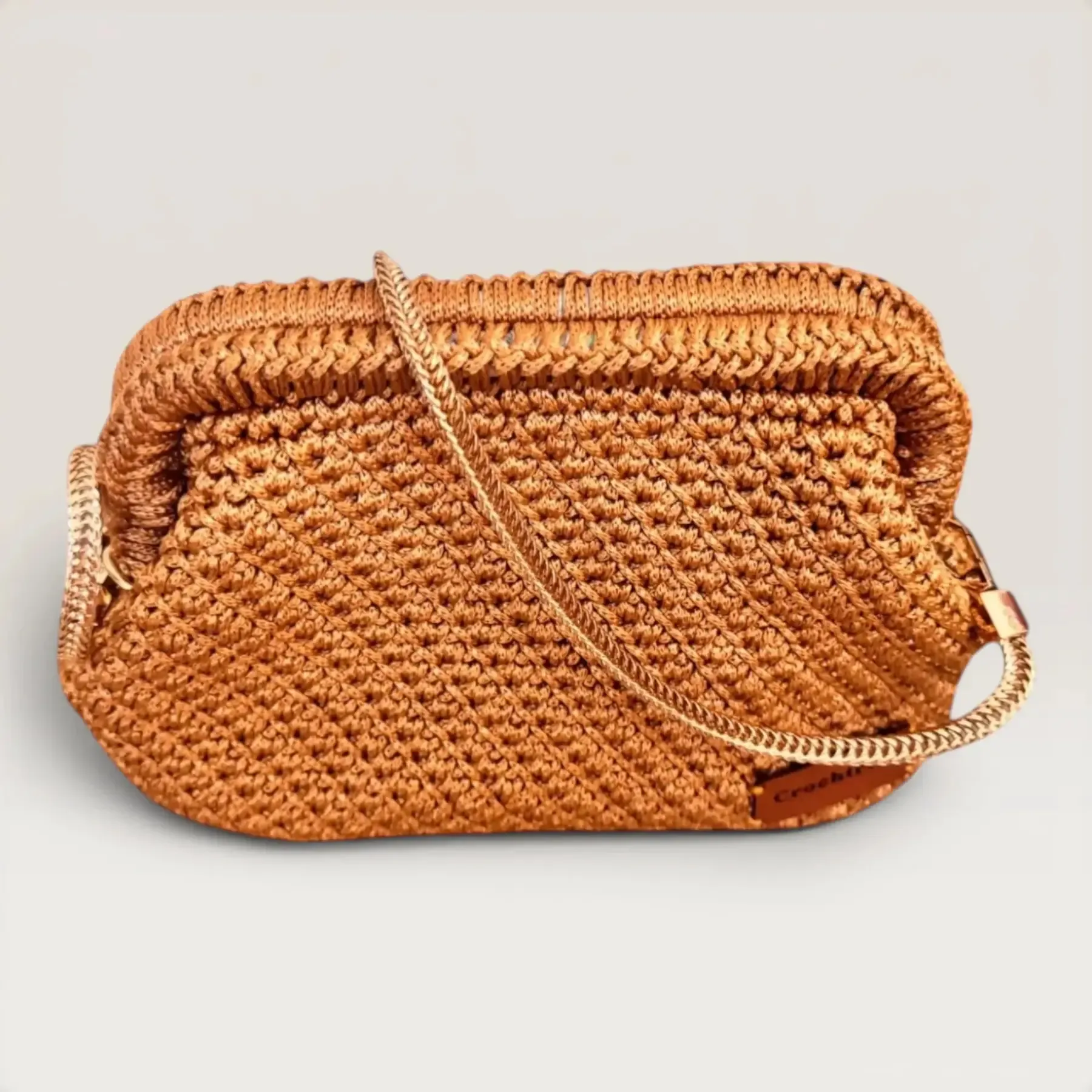 Gold Crochet Evening Bag with Metal Frame & Chain - 26x16x8 cm