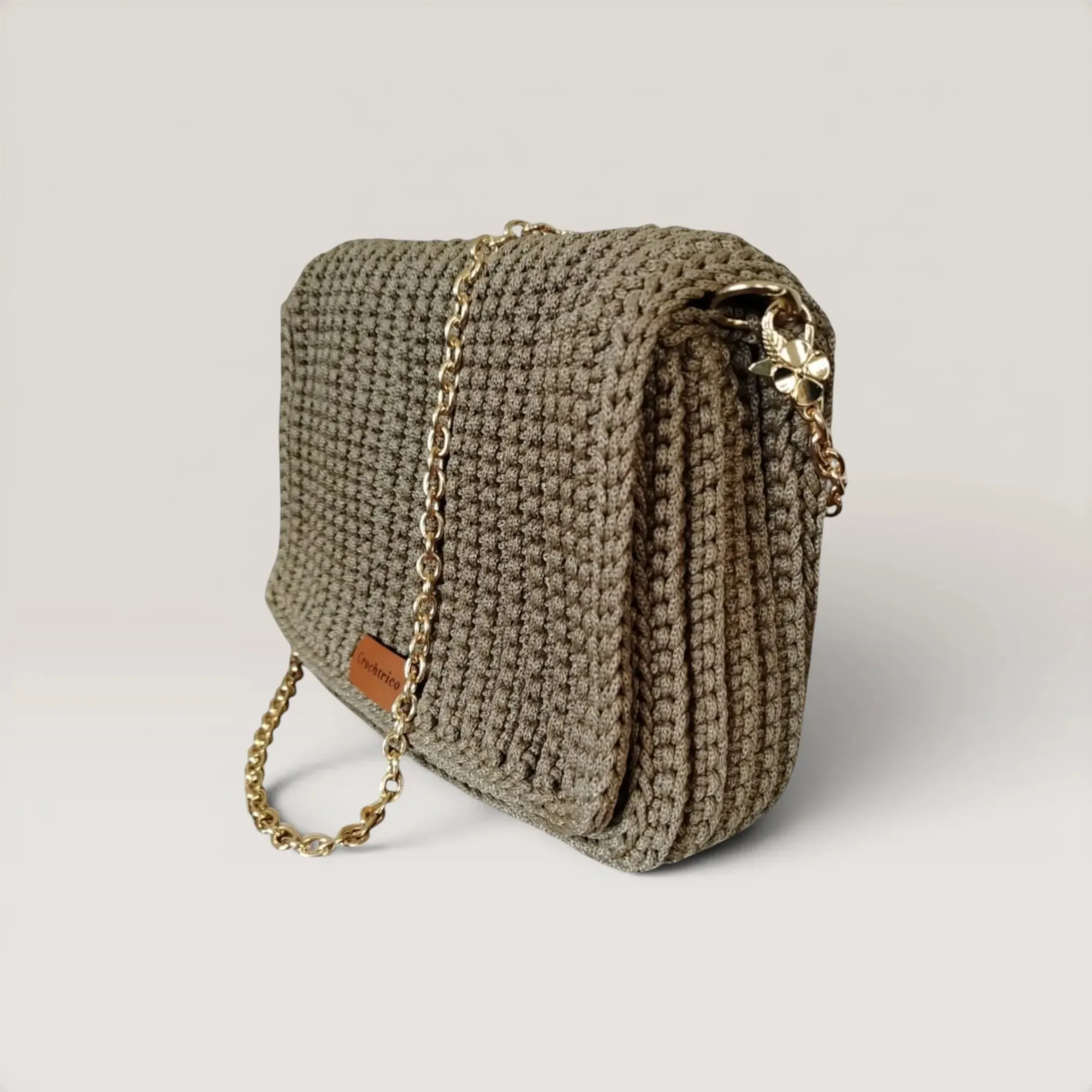 Khaki Crochet Shoulder Bag with Double Magnetic Closure - 27x17x9 cm