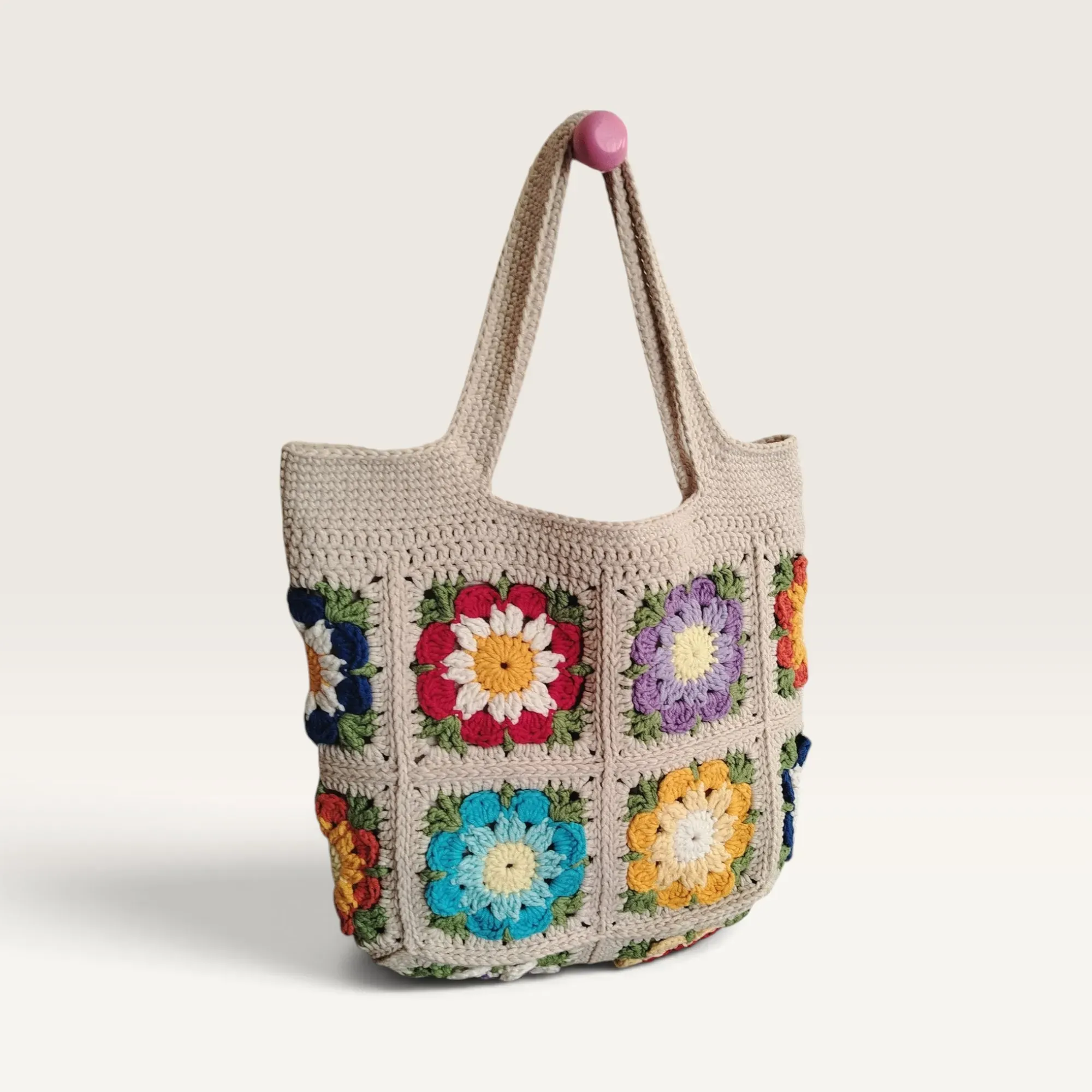 Spring Flower Handmade Crochet Tote Bag Zippered 30x21x10cm