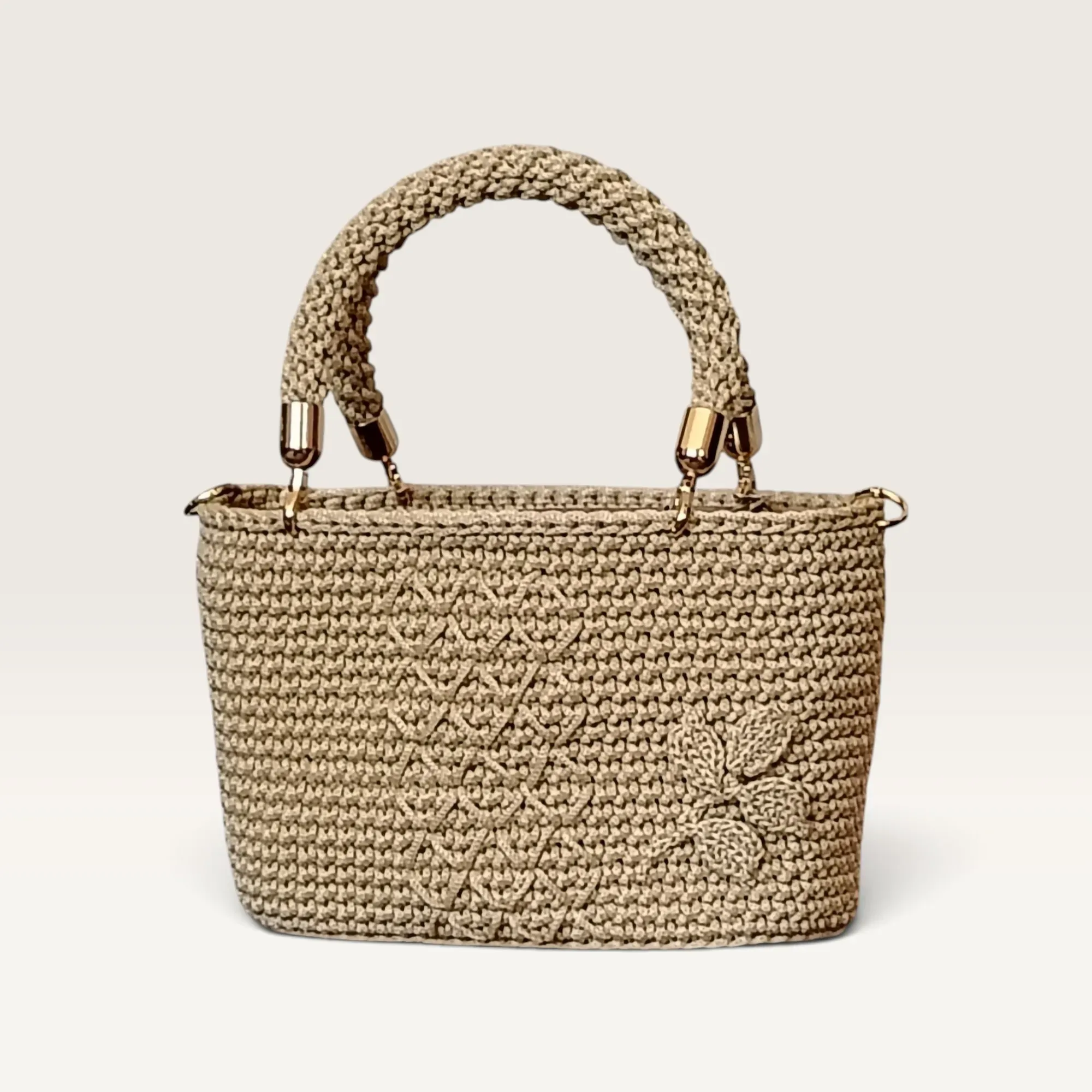 Beige Turkish Yarn Crochet Handbag Patterned 30x21x10cm