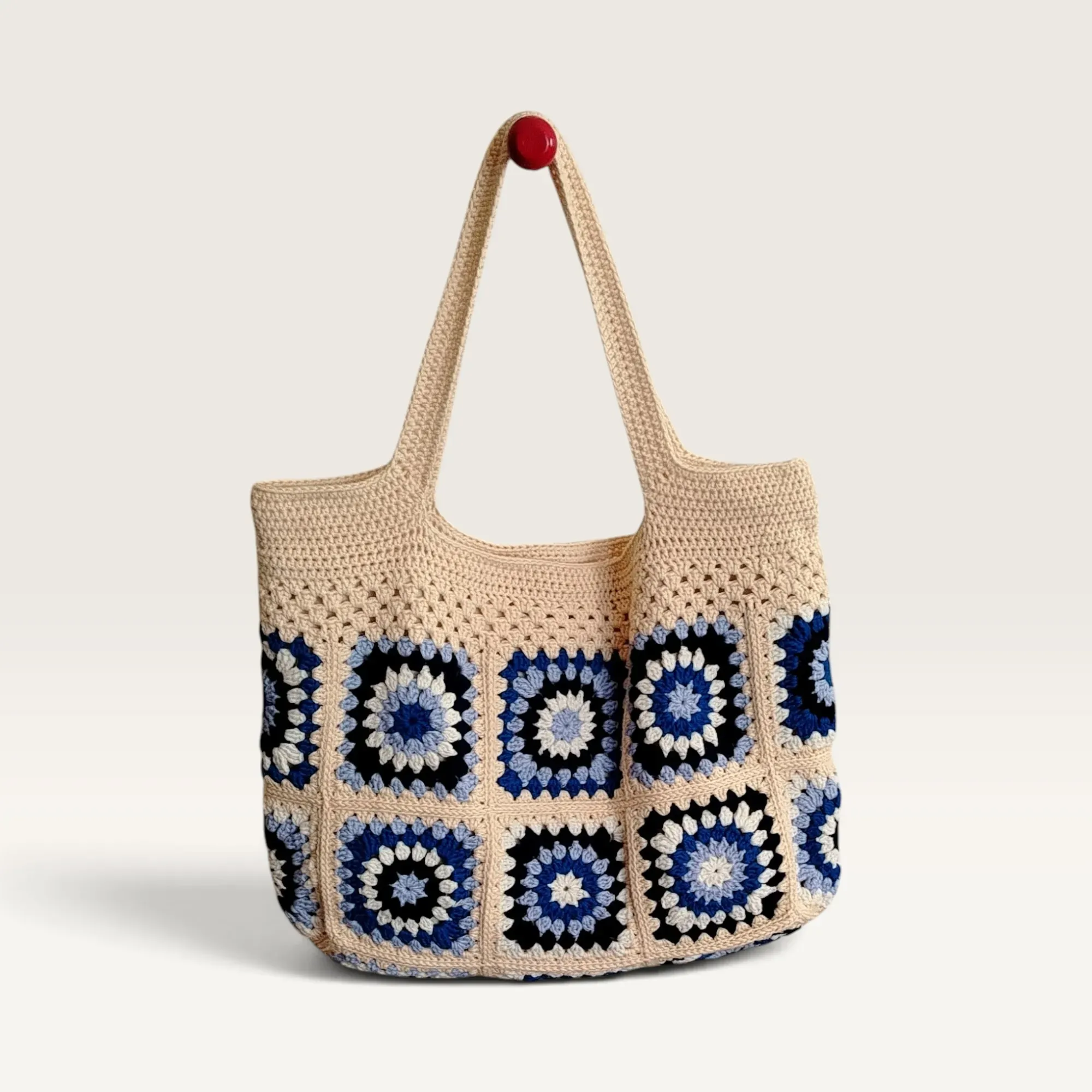 Blue Cream Handmade Crochet Tote Bag Zippered 30x21x10cm