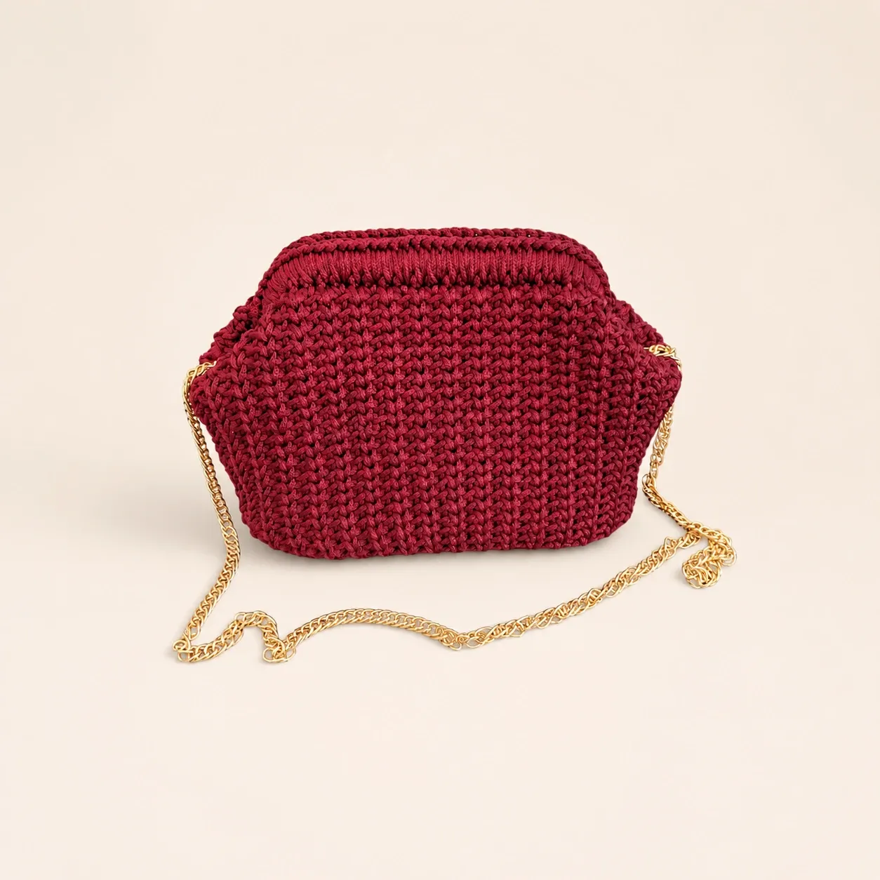 Handmade Burgundy Crochet Frame Handbag with Chain – 25x12x17 cm