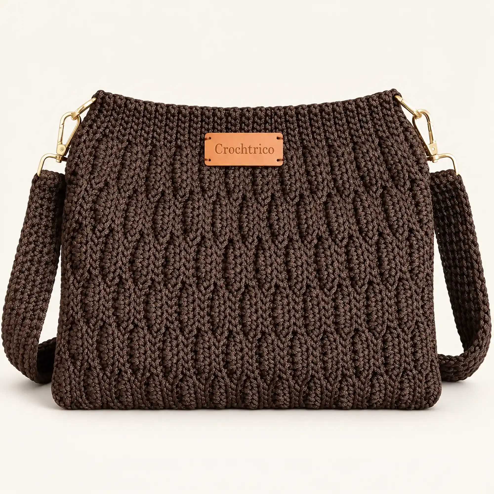Dark Brown Crochet Shoulder Bag with Leaf Stitch & Lining