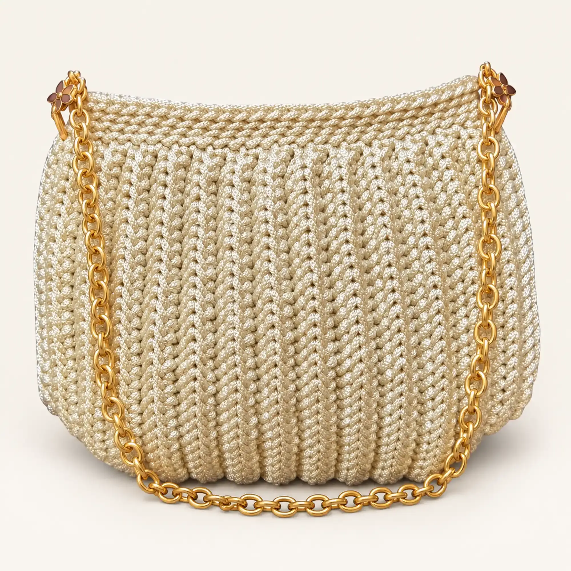 Cream Crochet Shoulder Bag with Gold Chain Strap