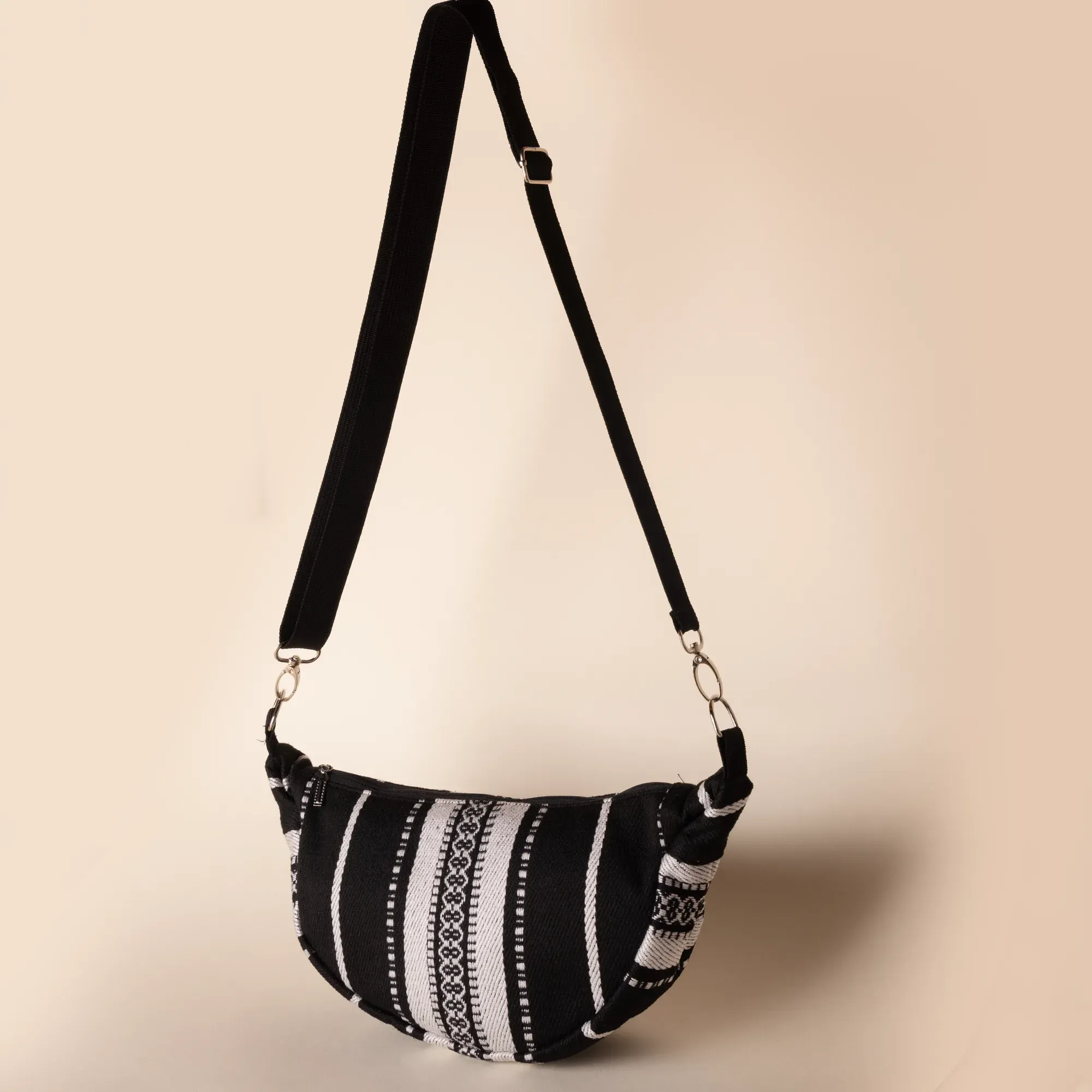 Handmade Obsidian Black Heritage Crossbody Bag with Zip Pocket