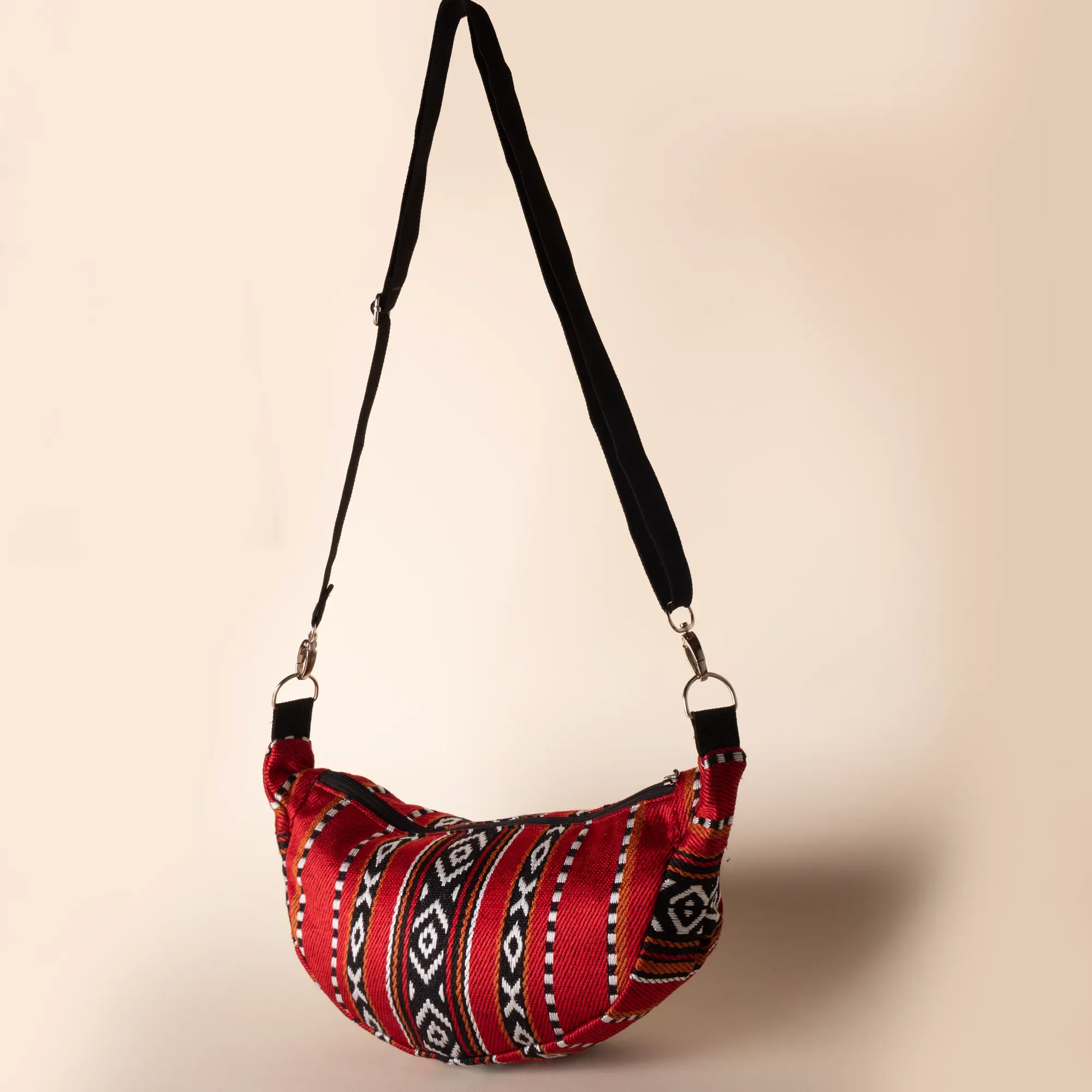 Handmade Crimson Festive Heritage Crossbody Bag with Zip Pocket