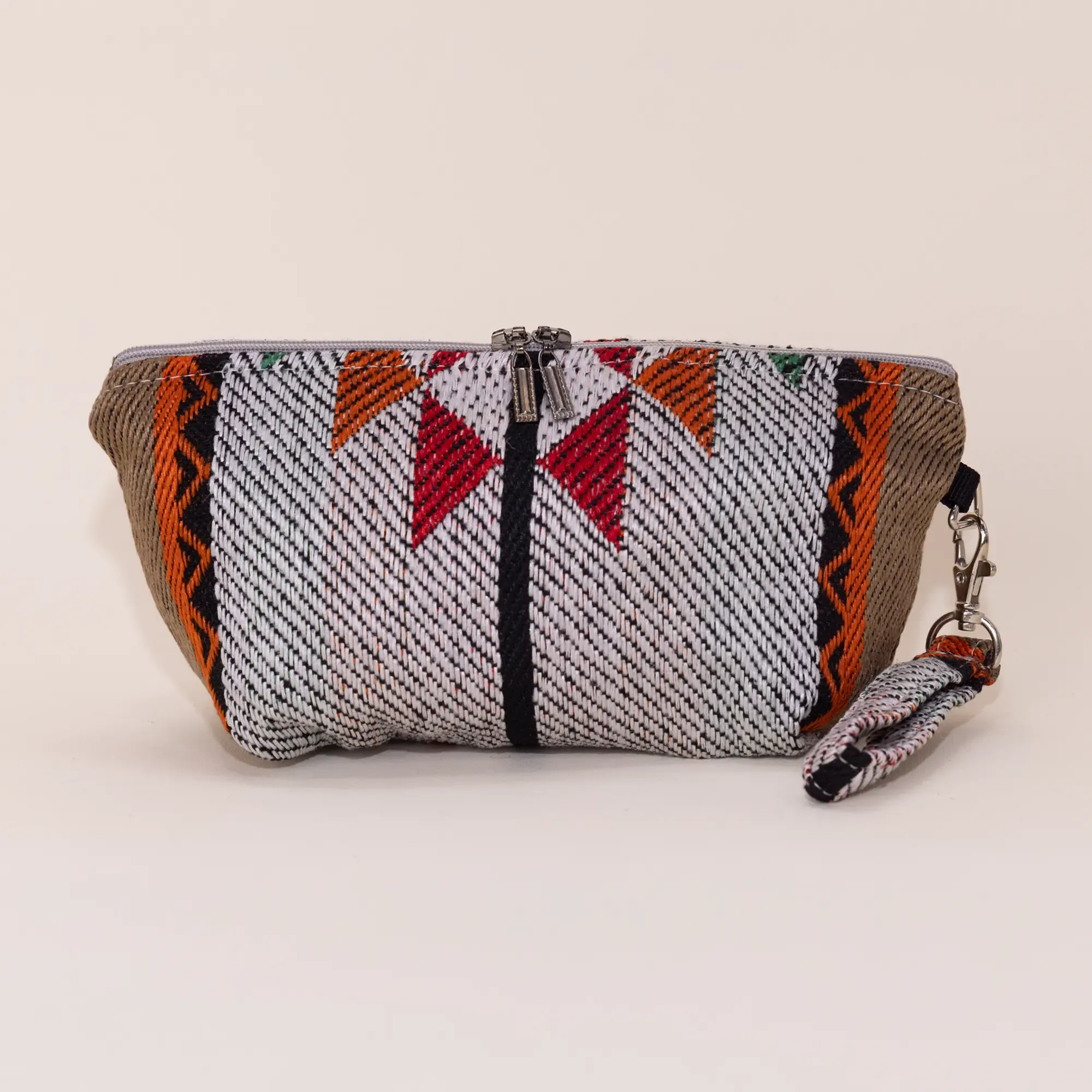 Handmade Grey Striped Sadu Makeup Bag Water Resistant Lining