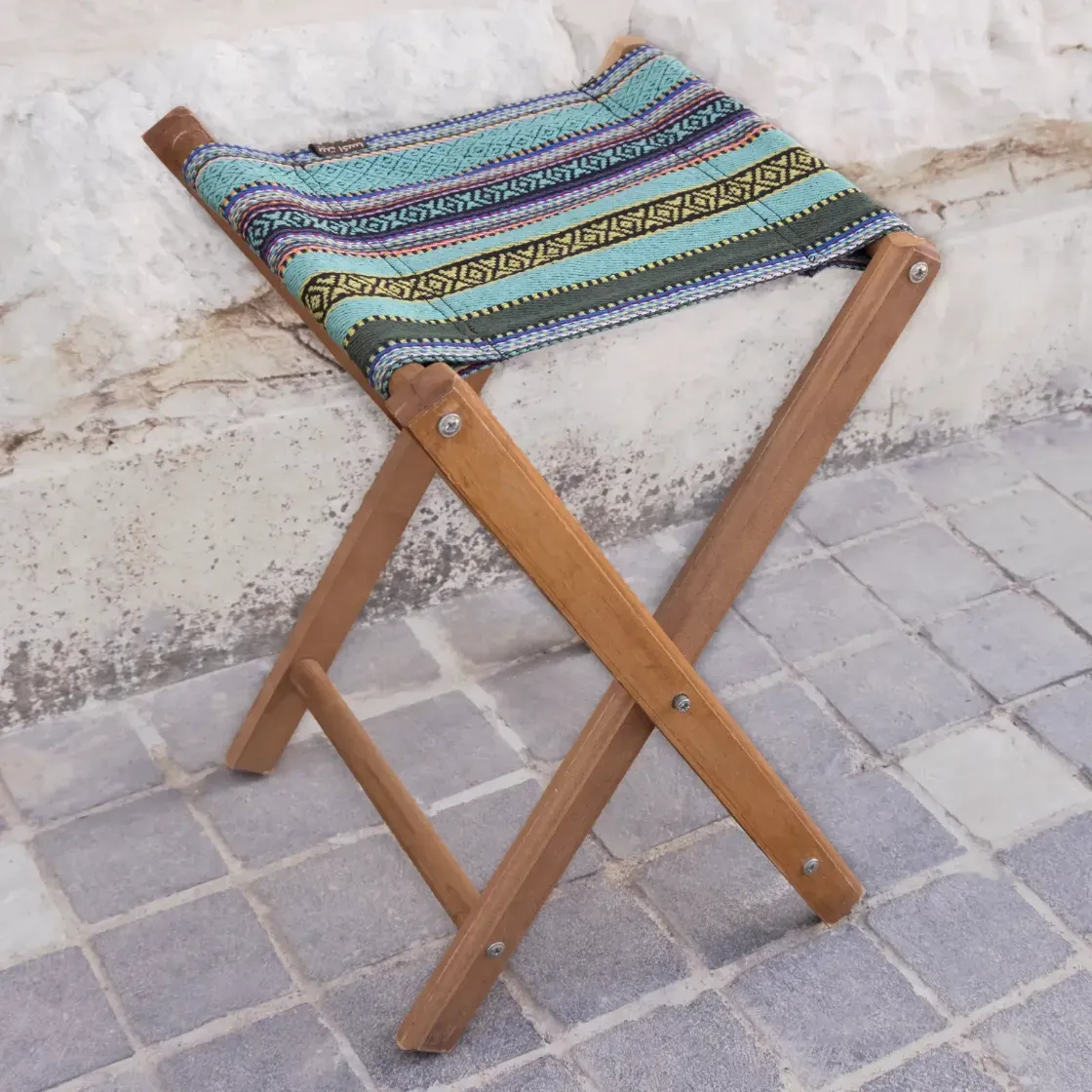 Portable Foldable Bedouin Stool Teal Oasis Wood Fabric Lightweight