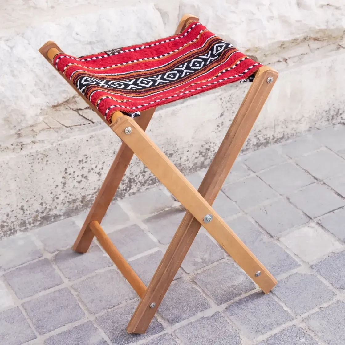 Portable Foldable Bedouin Stool Scarlet Heritage Wood Fabric