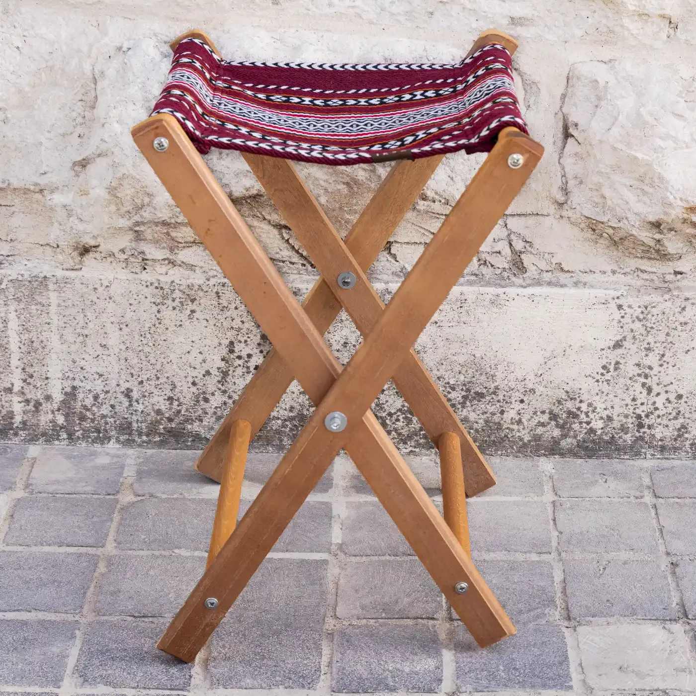 Portable Foldable Bedouin Stool Maroon Boho Wood Fabric Lightweight