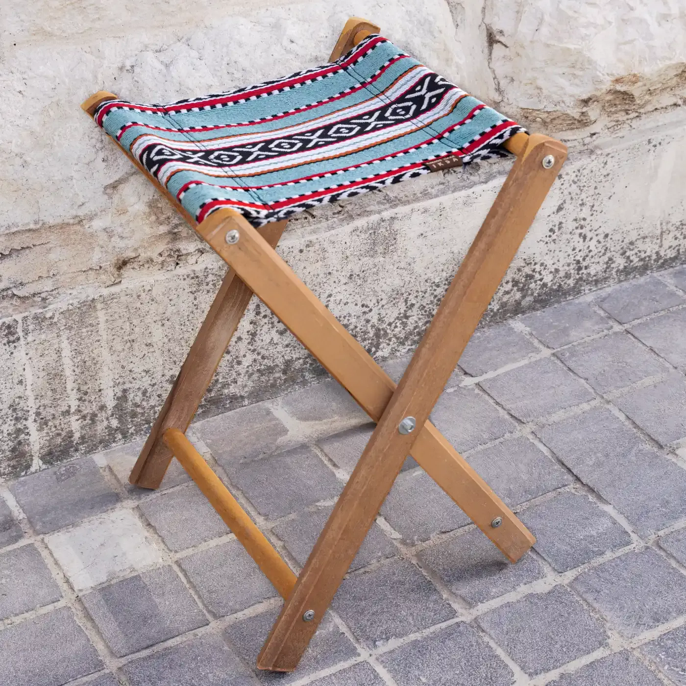 Portable Foldable Bedouin Stool Dusty Blue Teak Wood Fabric