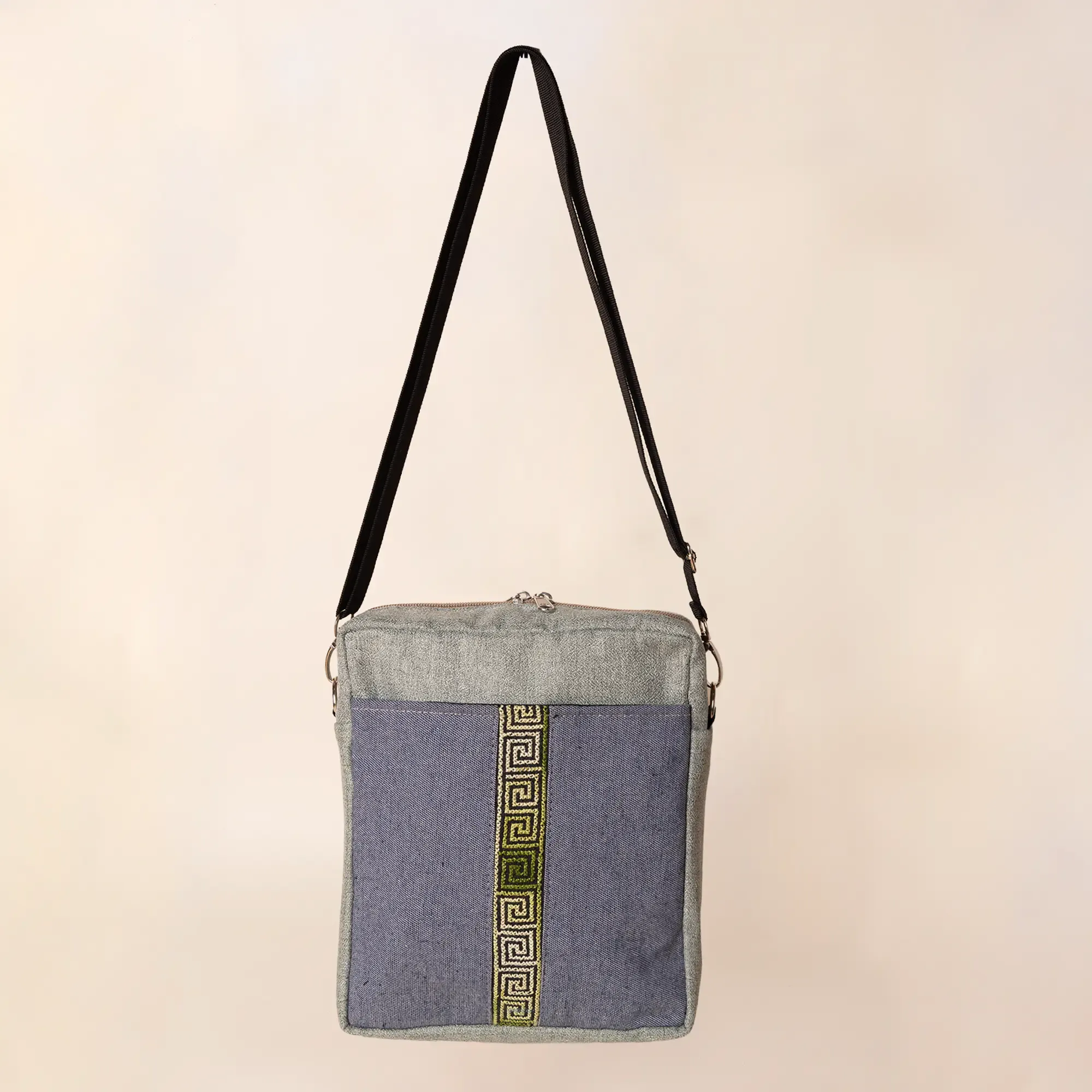 Slate Chevron Embroidered Square Cross Bag 25x25 Handmade Canvas