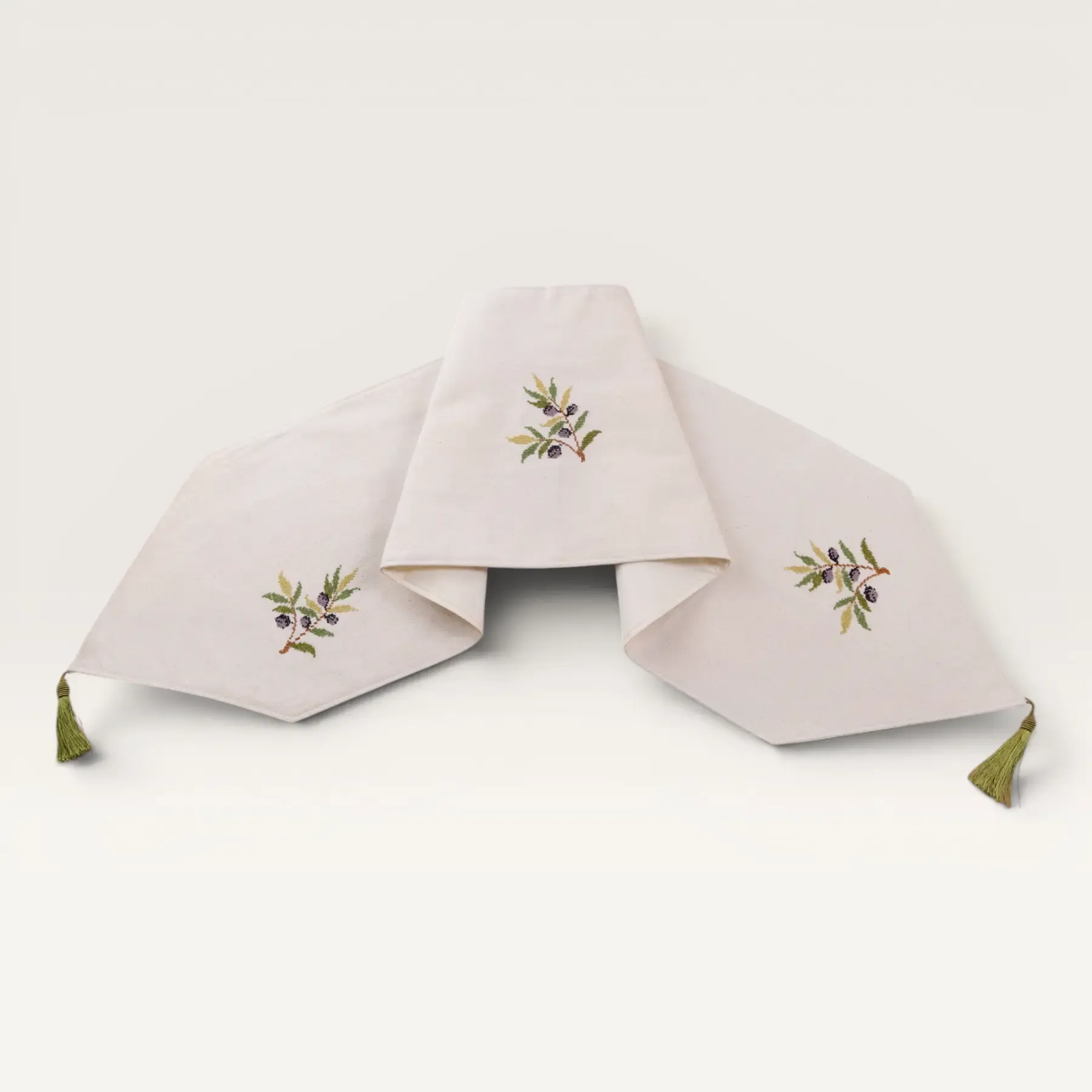 Olive Branch Embroidered Linen Table Runner 35x150 Handmade