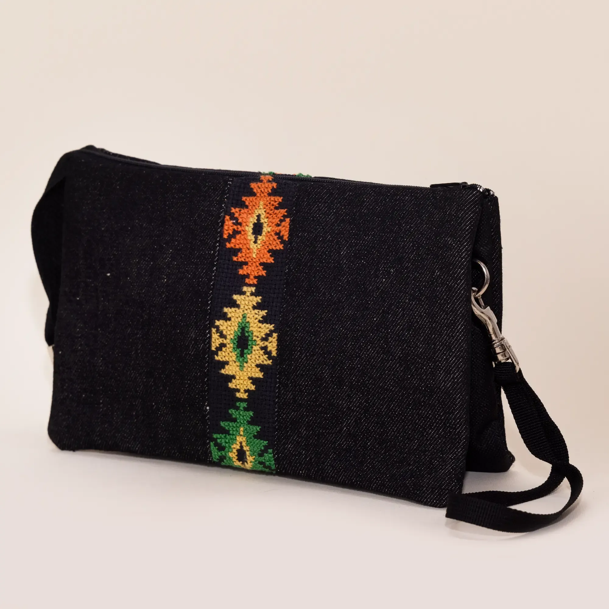 Black Geometric Embroidered Petra Cross Bag Denim Handmade