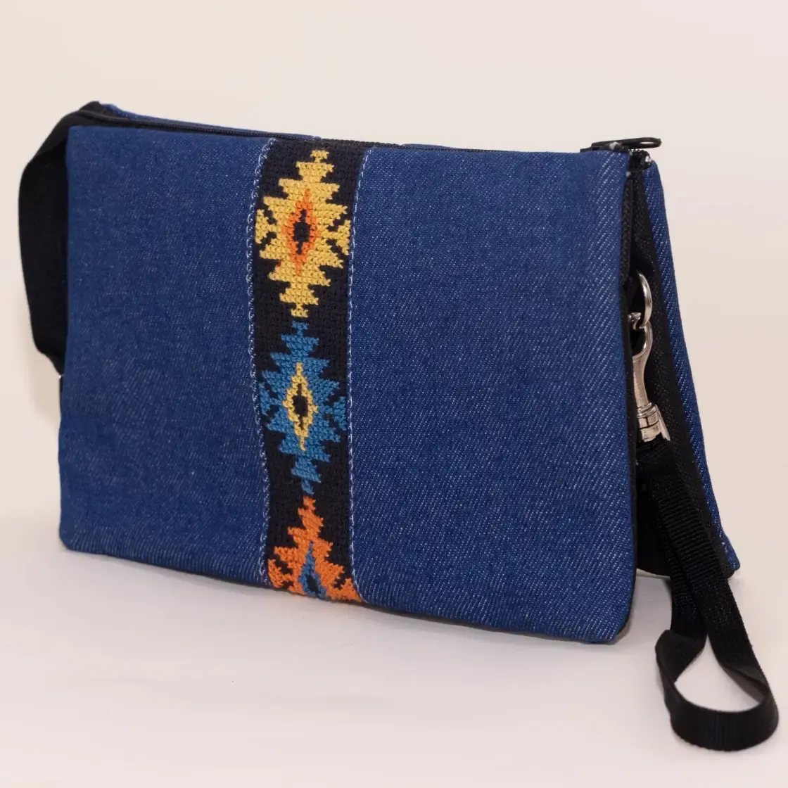 Denim Dusk Geometric Embroidered Petra Cross Bag Handmade