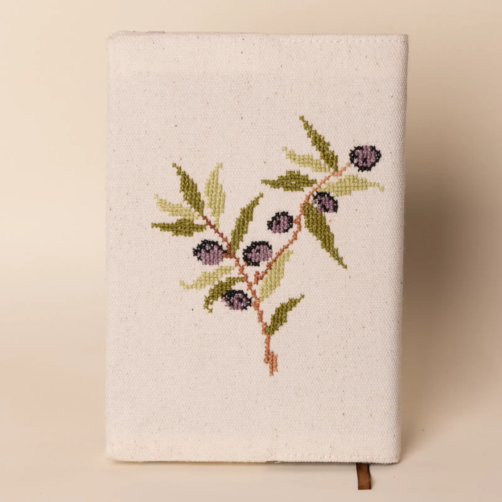 Olive Branch Embroidered A5 Notebook Cover Handmade DMC Linen