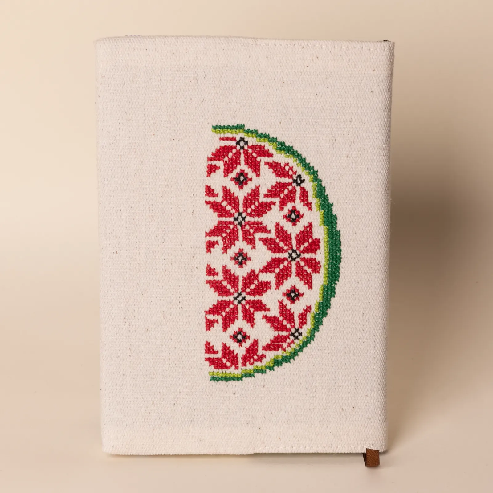Watermelon Blossom Linen A5 Notebook Cover Handmade DMC Floral