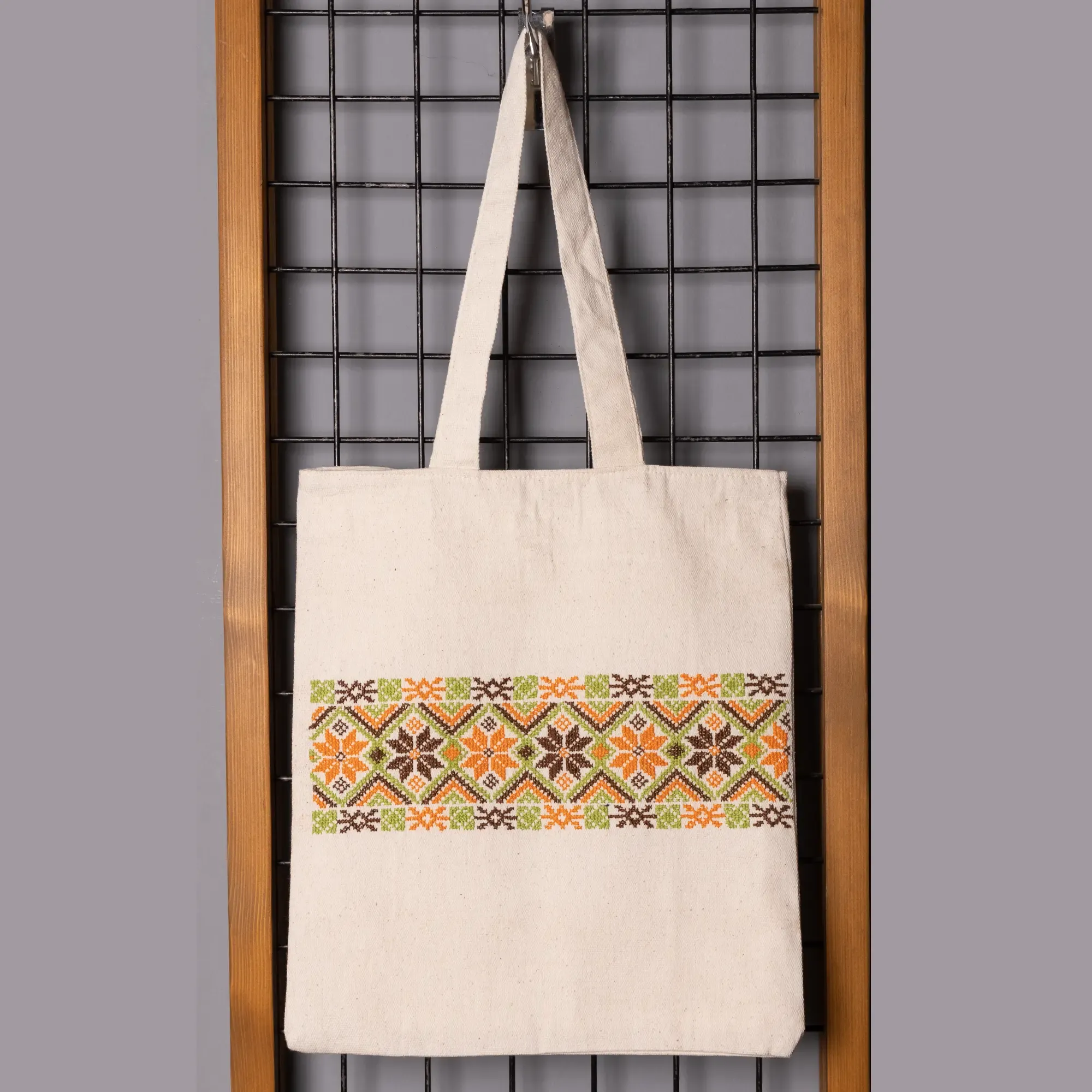 Linen Tote Bag Floral Embroidered DMC Handmade Shoulder Bag