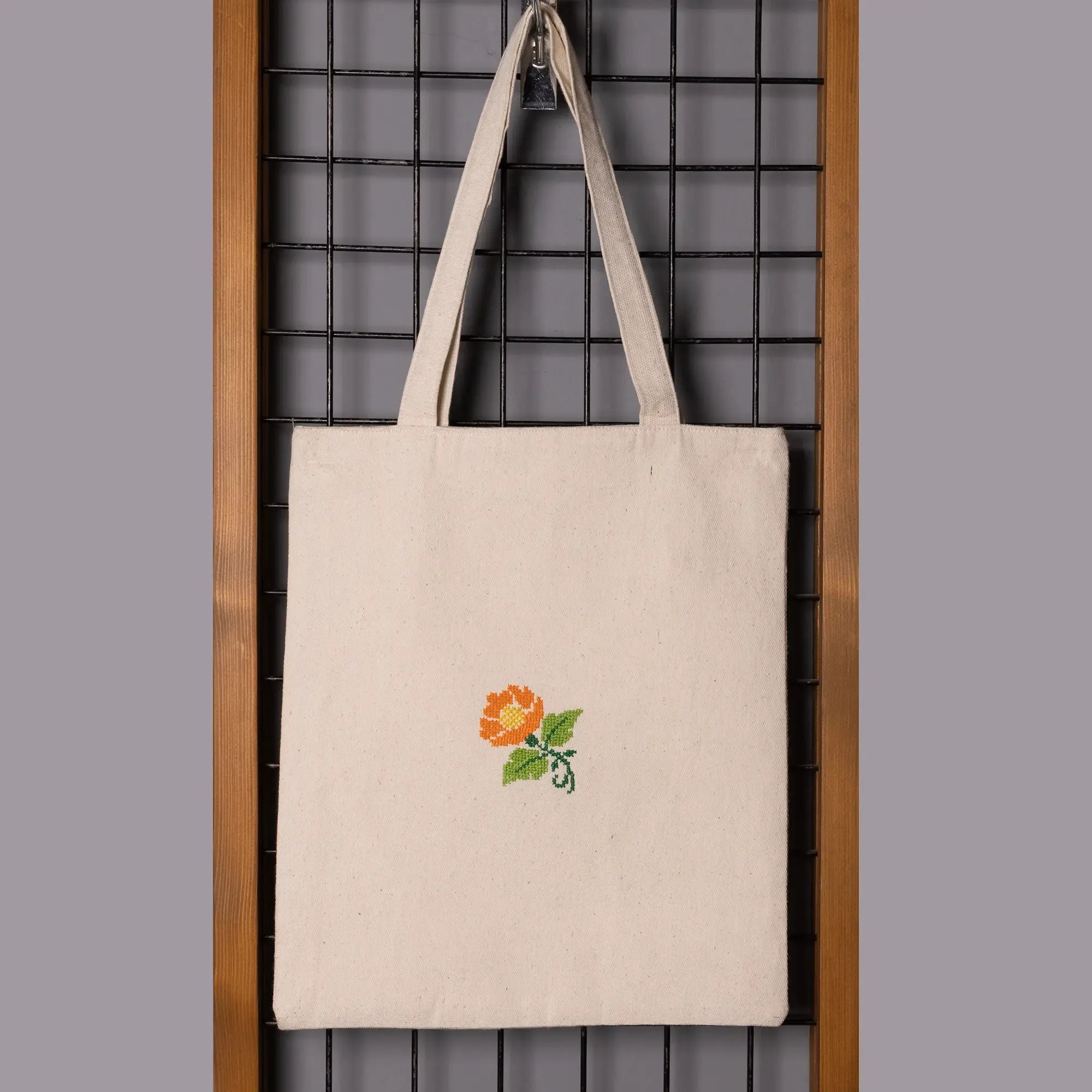 Orange Flower Embroidered Linen Tote Bag Handmade DMC
