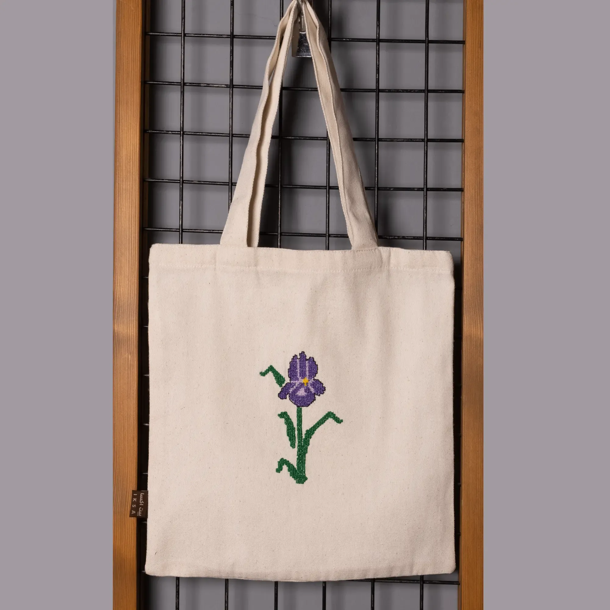 Purple Iris Embroidered Linen Tote Bag Handmade DMC