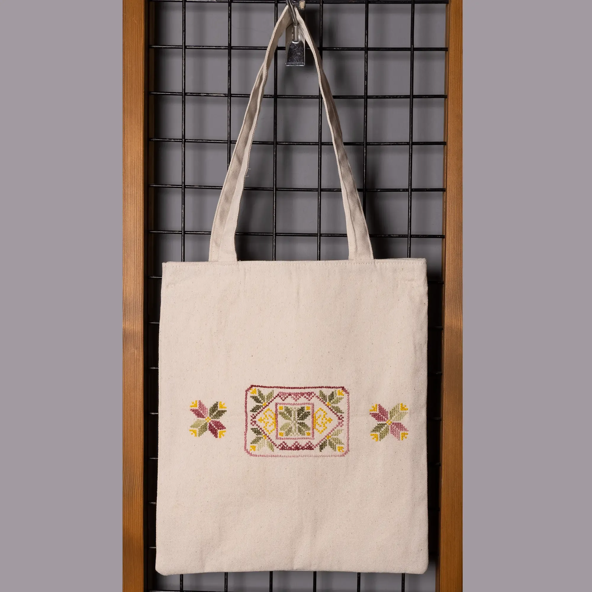 Floral Linen Tote Bag Embroidered DMC Handmade Shoulder Bag