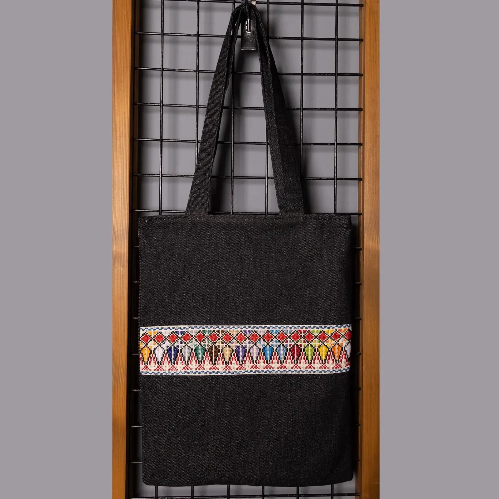 Black Denim Tote Bag Floral Embroidered DMC Handmade Shoulder