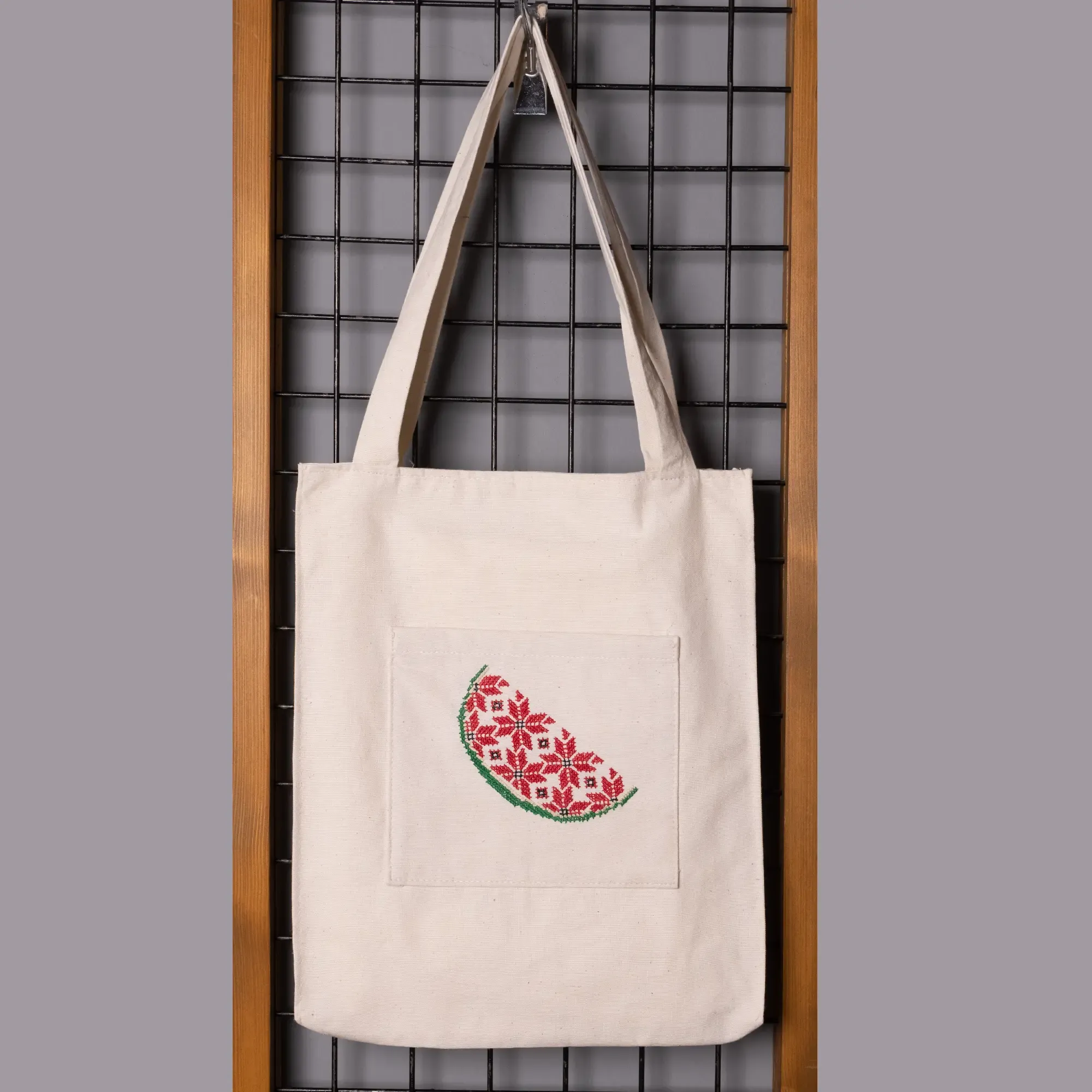 Watermelon Tote Bag Cotton Linen Embroidered DMC Handmade Shoulder