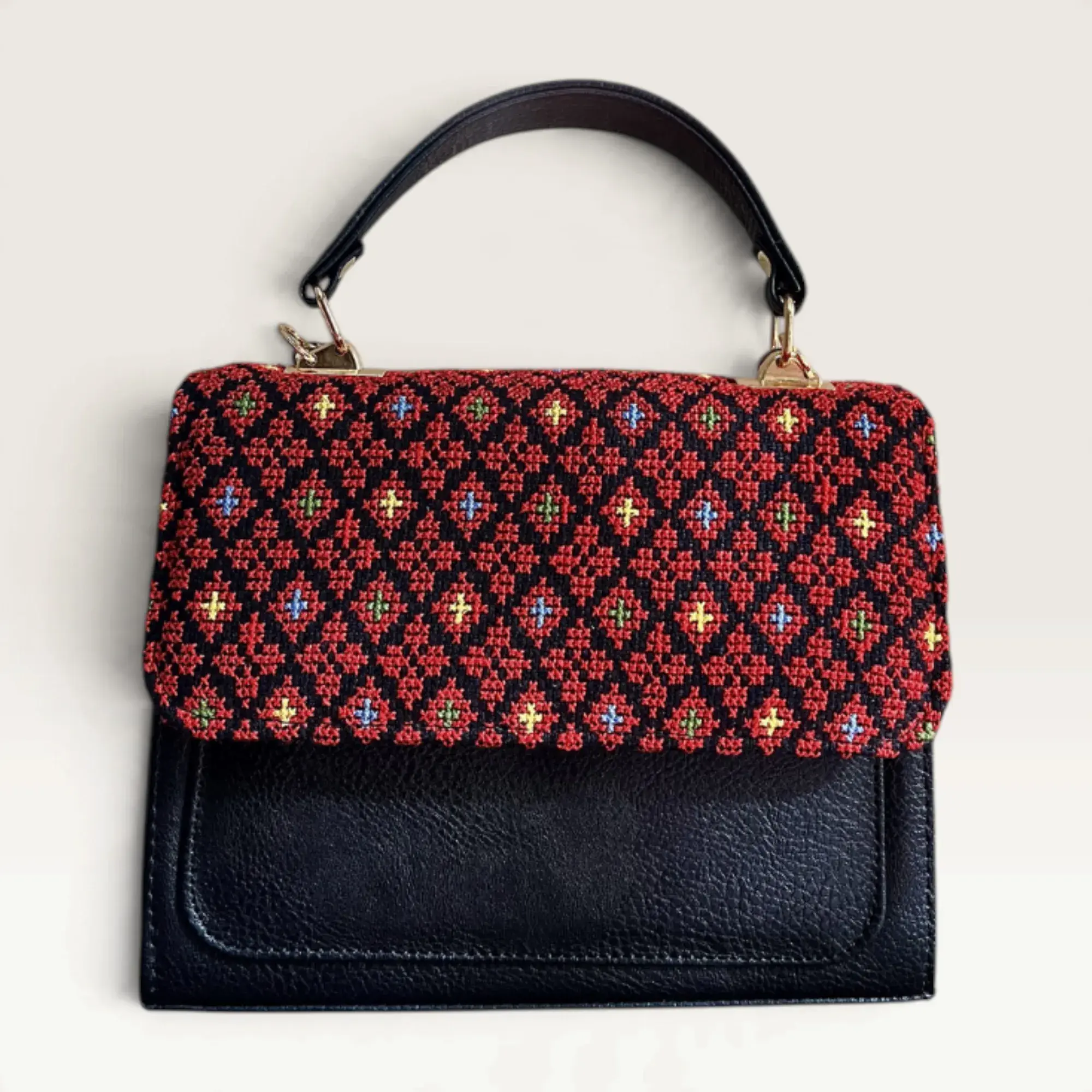 Black Square Crossbody Bag with full multicolor geometric embroidery