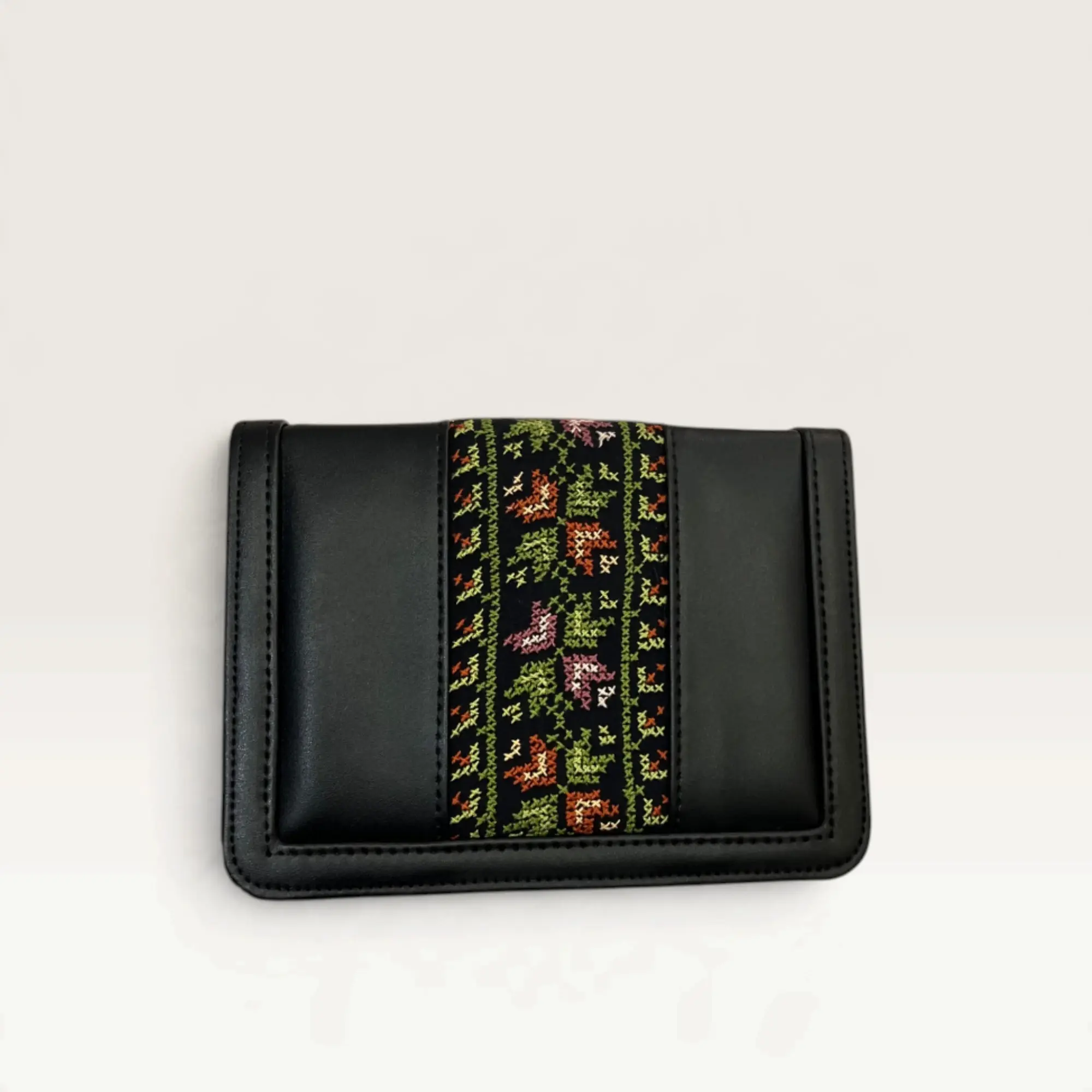 Black Square Crossbody Bag with olive and rust stepped geometric band