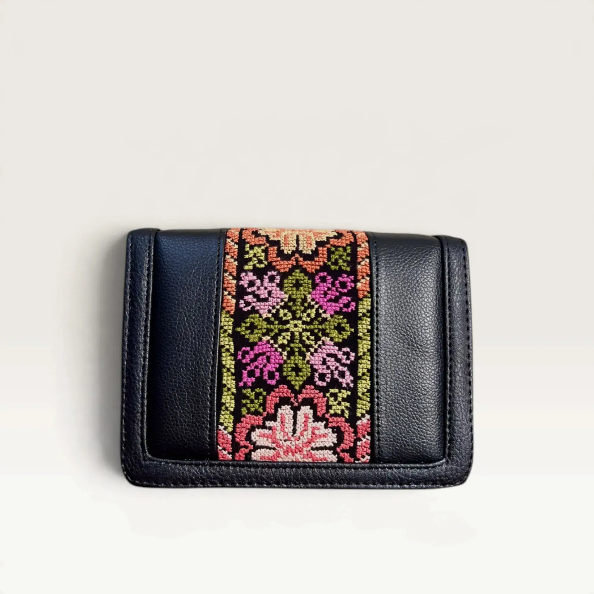 Black Square Crossbody Bag with multicolor floral tapestry embroidery