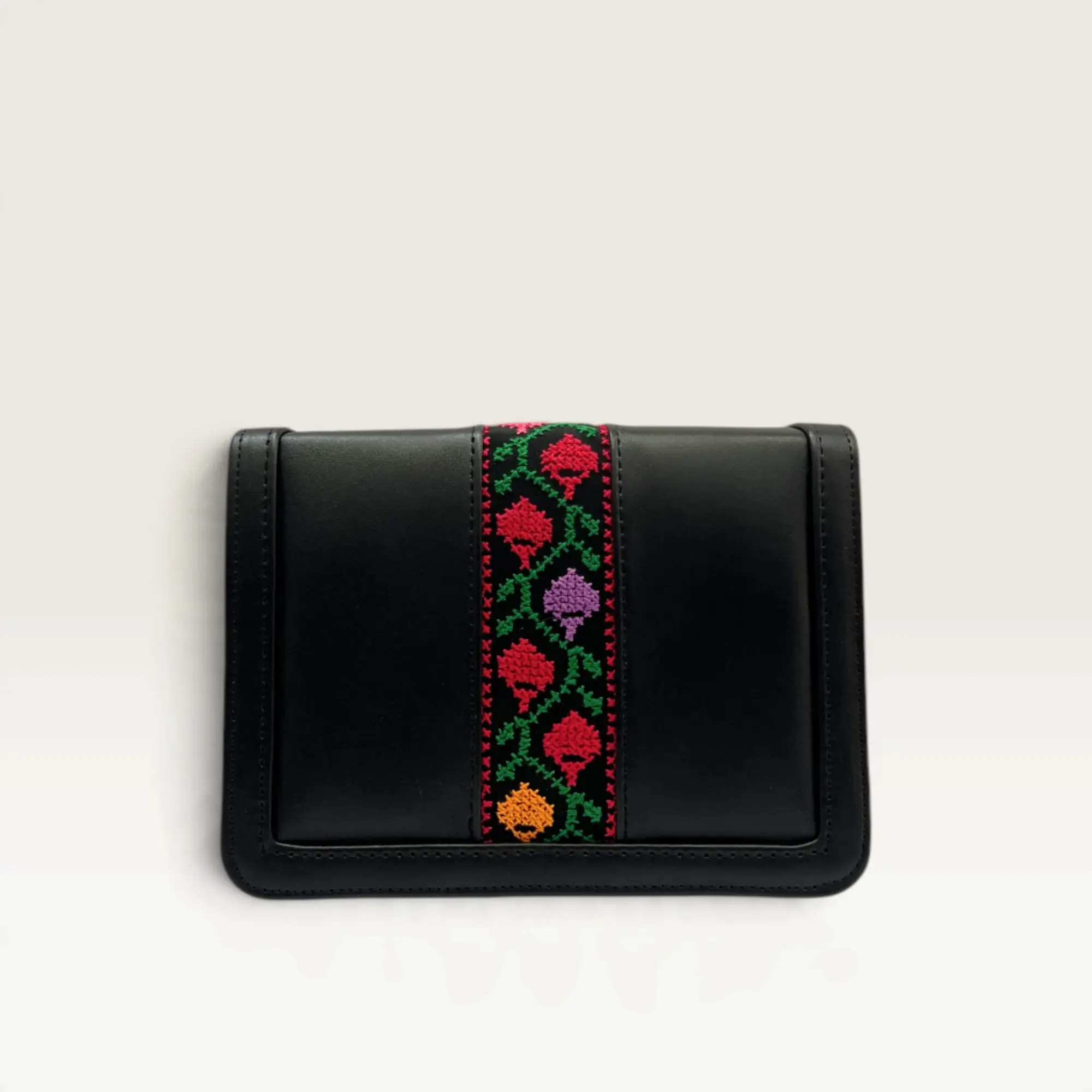 Black Square Crossbody Bag with colorful tulip-inspired vertical embroidery
