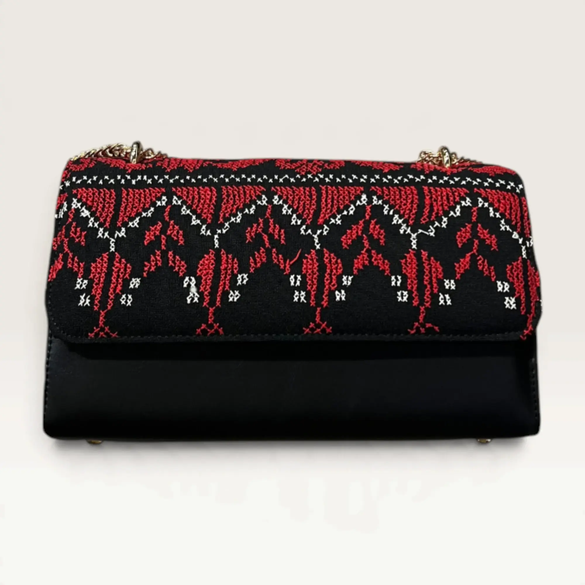 Black Rectangular Crossbody Bag with red and white village tassel embroidery