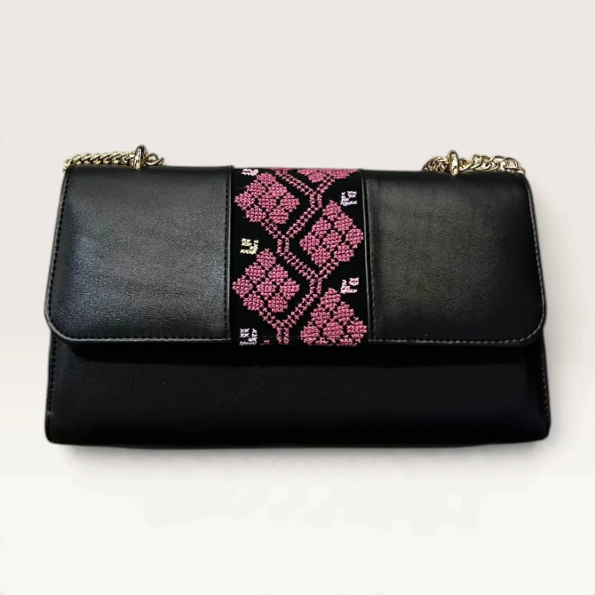 Black Rectangular Crossbody Bag with pink geometric diamond band