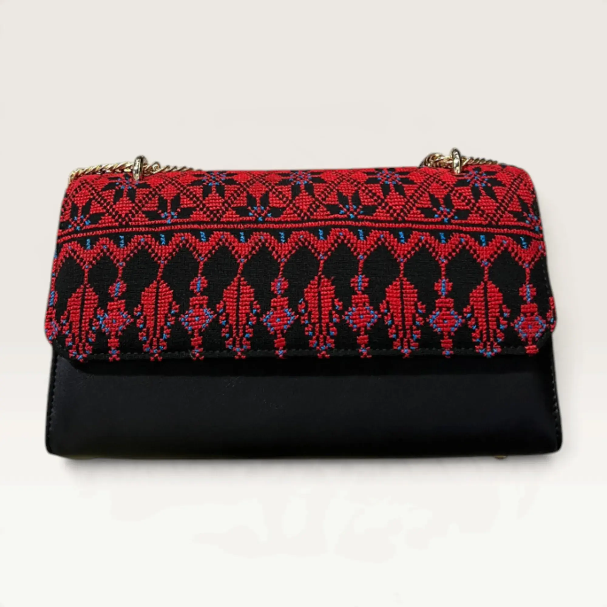 Black Rectangular Crossbody Bag with red village-inspired full flap embroidery