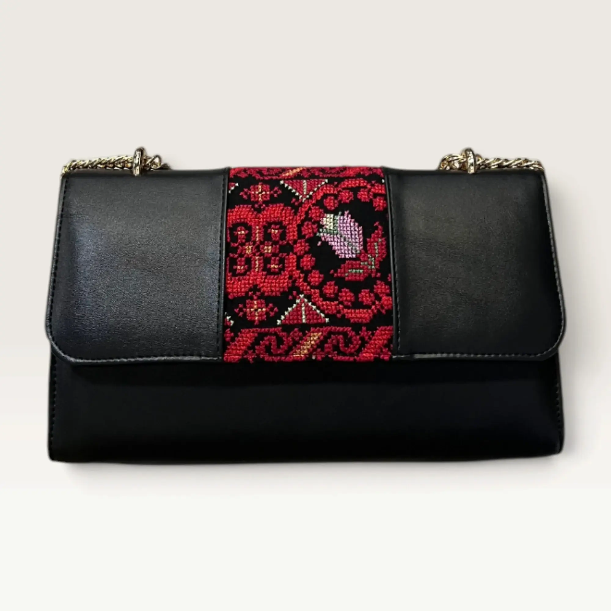Black Rectangular Crossbody Bag with red and pink floral medallion band