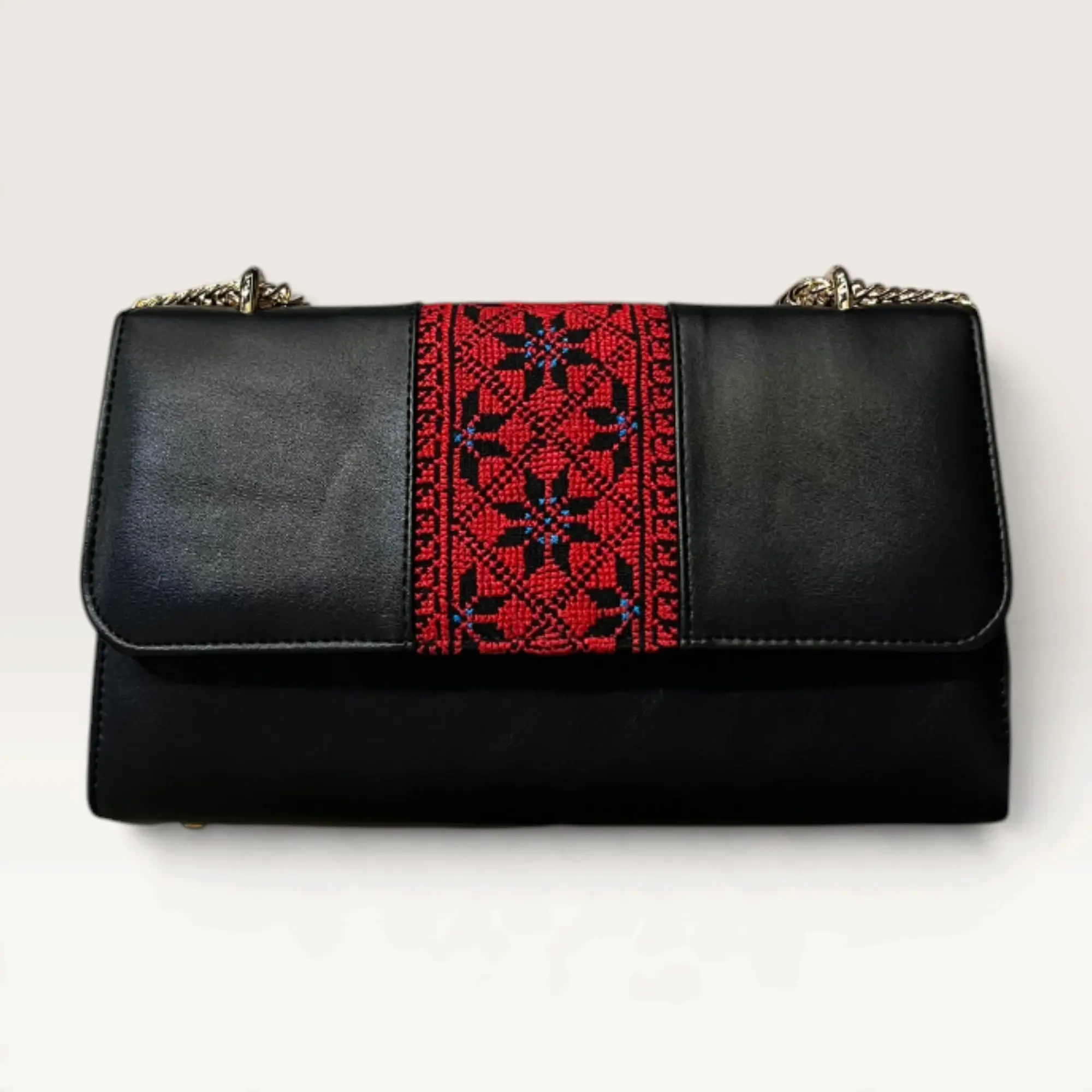 Black Rectangular Crossbody Bag with red geometric rosette embroidery
