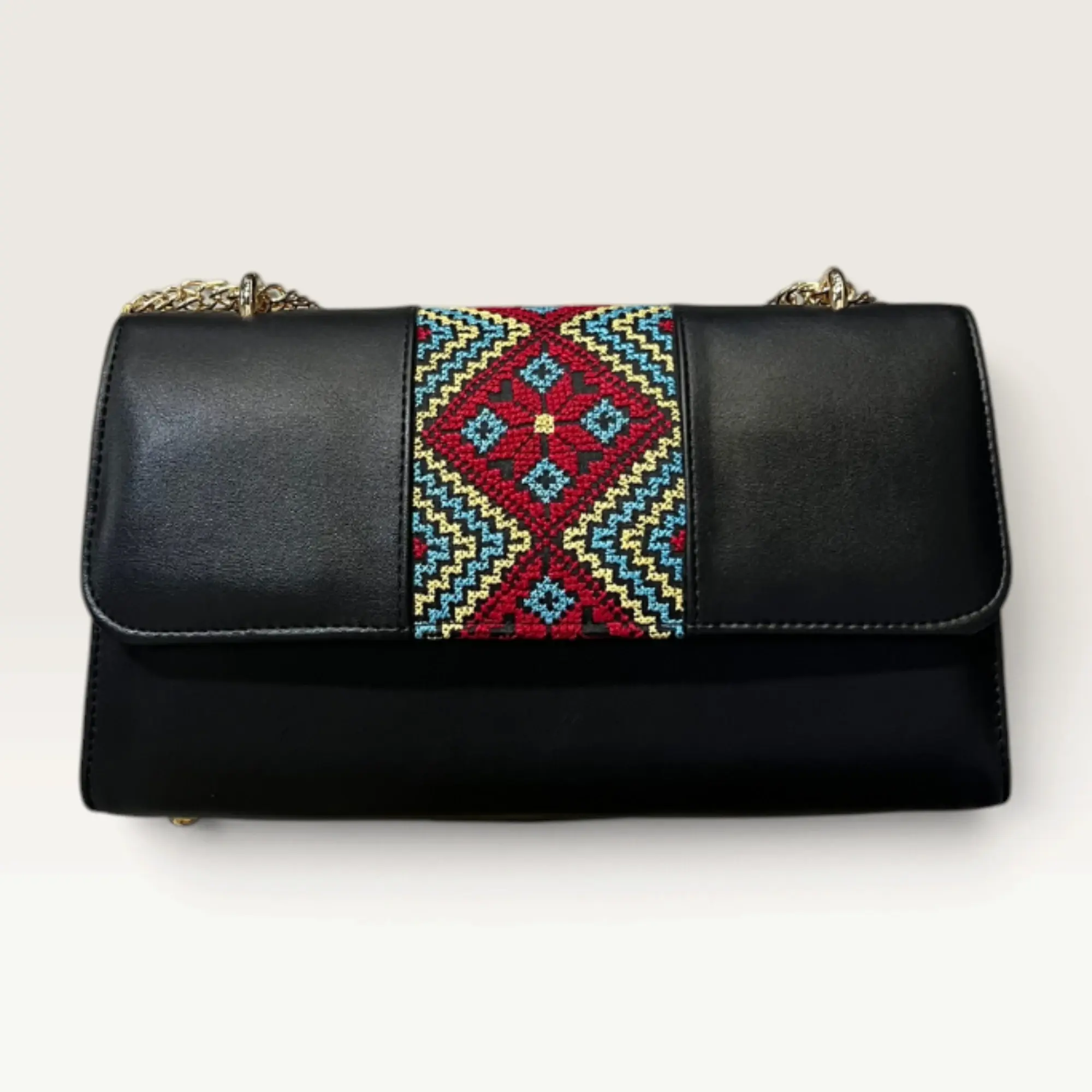 Black Rectangular Crossbody Bag with turquoise and red diamond embroidery