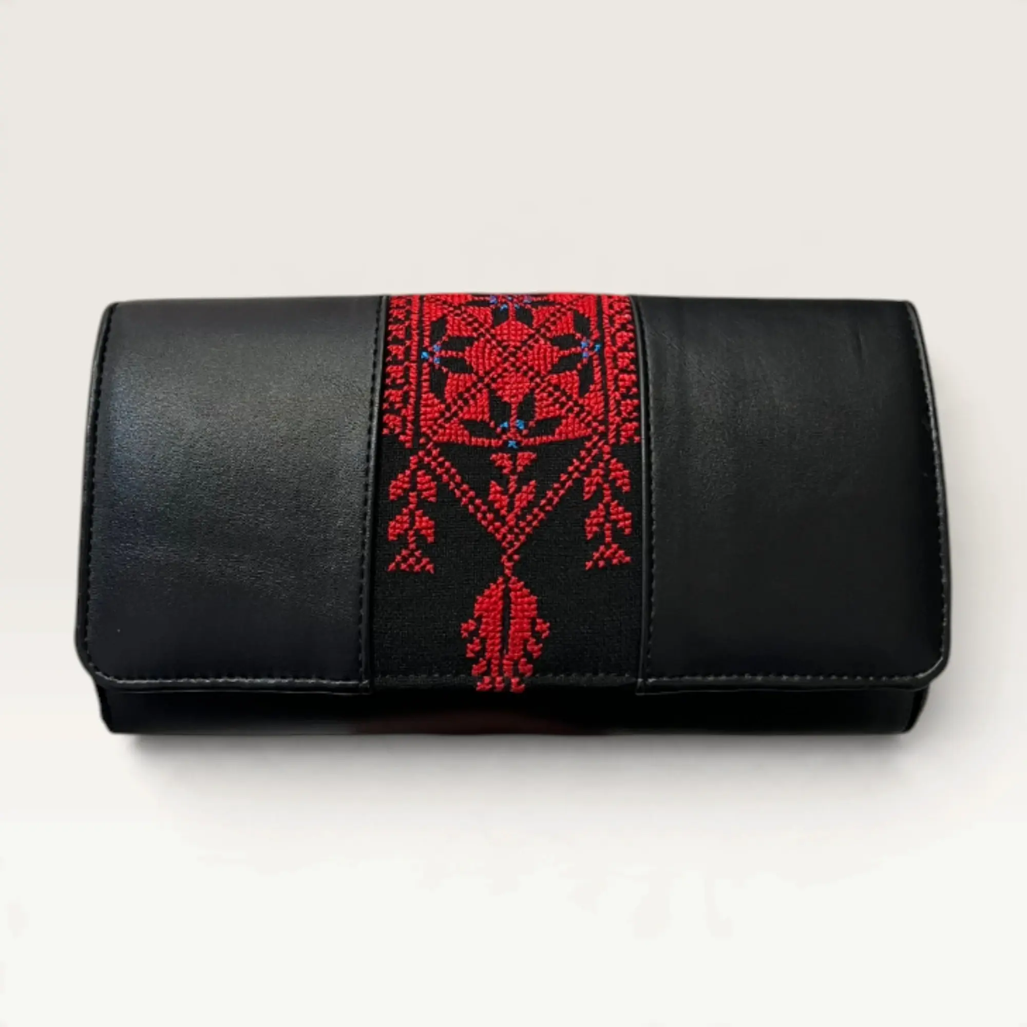 Black Rectangular Crossbody Bag with red pendant-inspired vertical embroidery