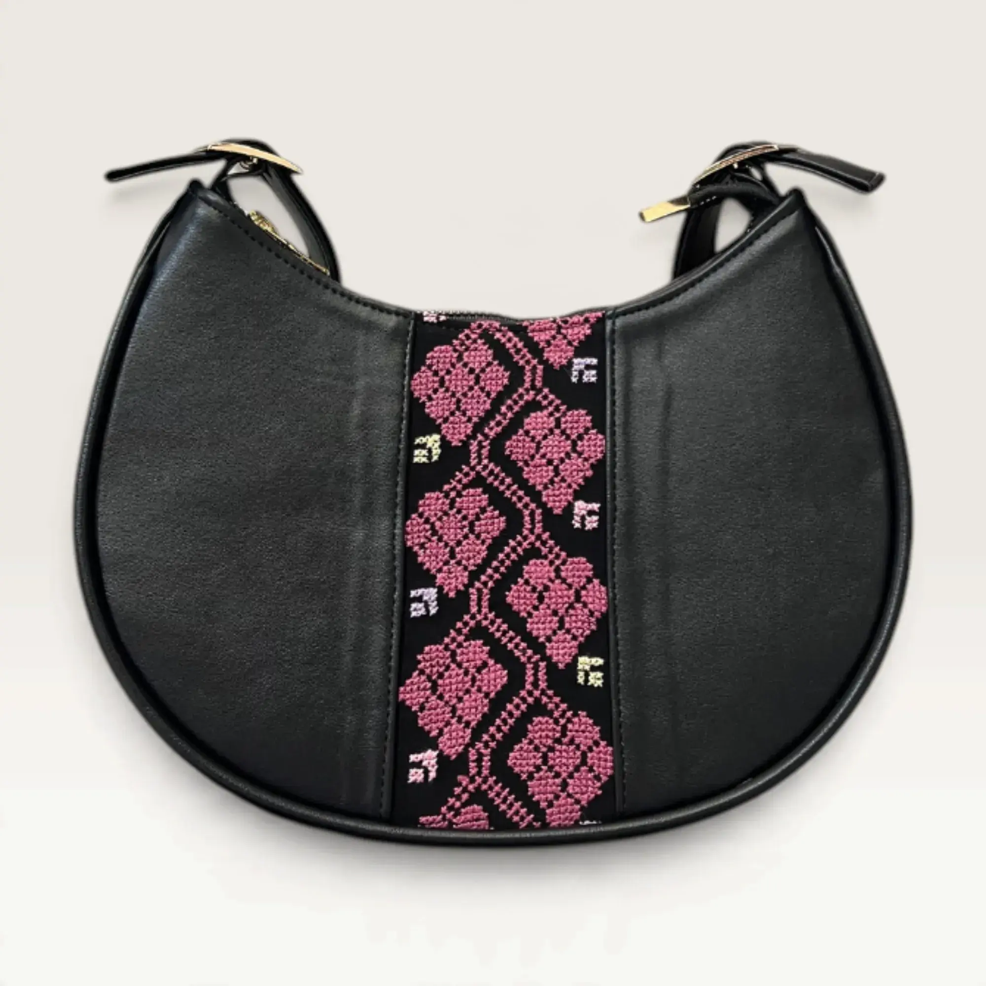 Black Half-Moon Shoulder Bag with pink diamond and vine embroidery