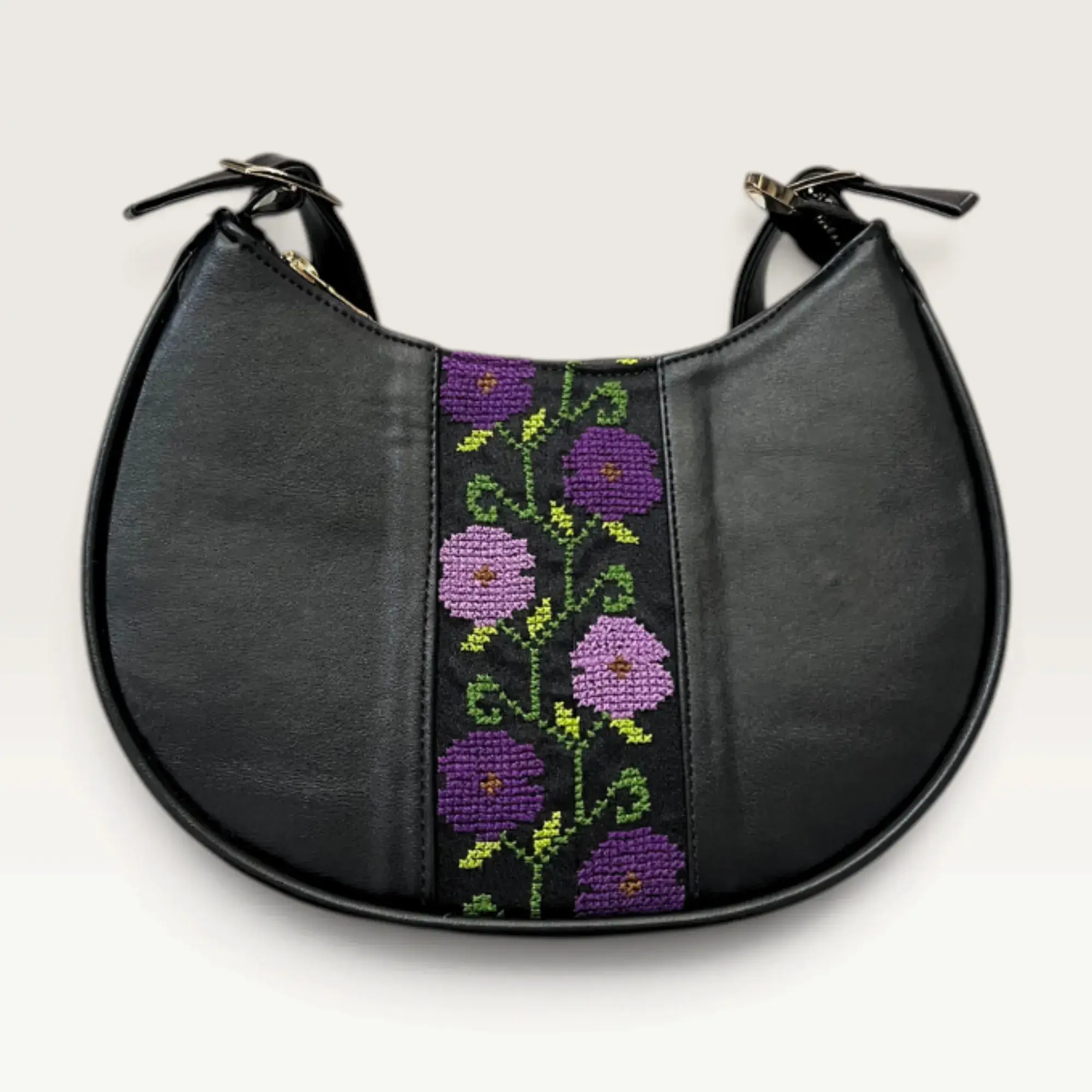 Black Half-Moon Shoulder Bag with purple floral embroidery with green vines